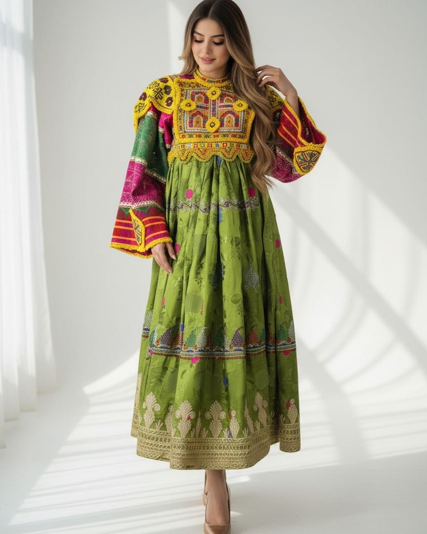 Traditional Kooche Dress with Hand Embroidered Velvet and Pink Chador