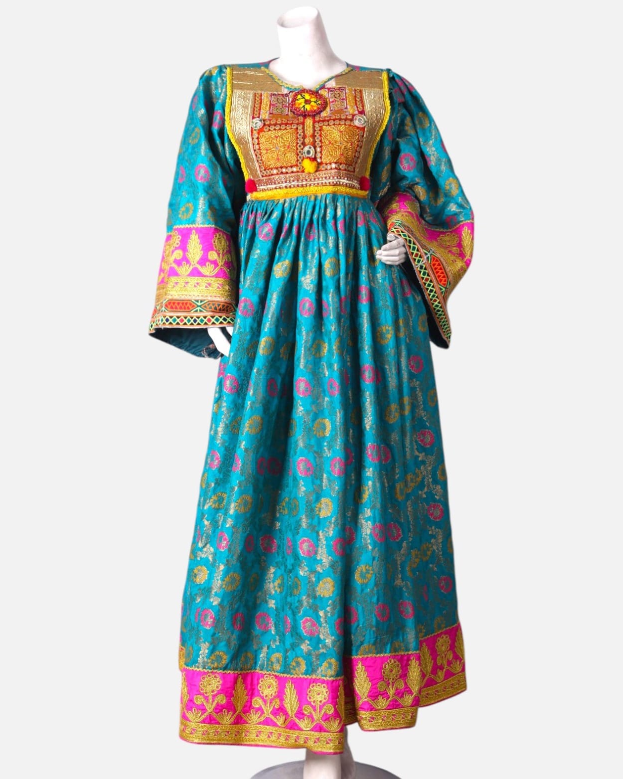 Floral Afghan Dress with Traditional Embroidery and Pink Chador