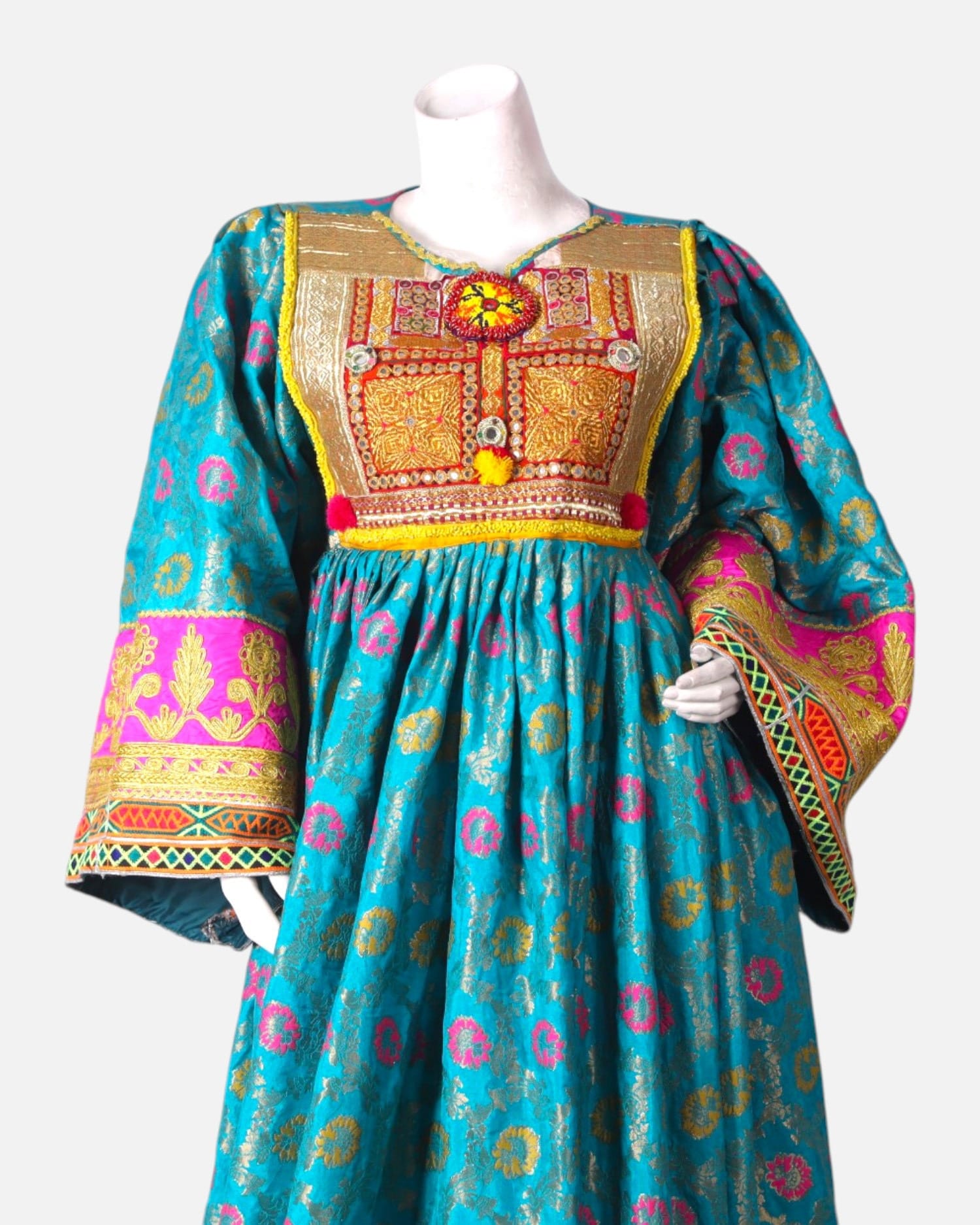 Floral Afghan Dress with Traditional Embroidery and Pink Chador