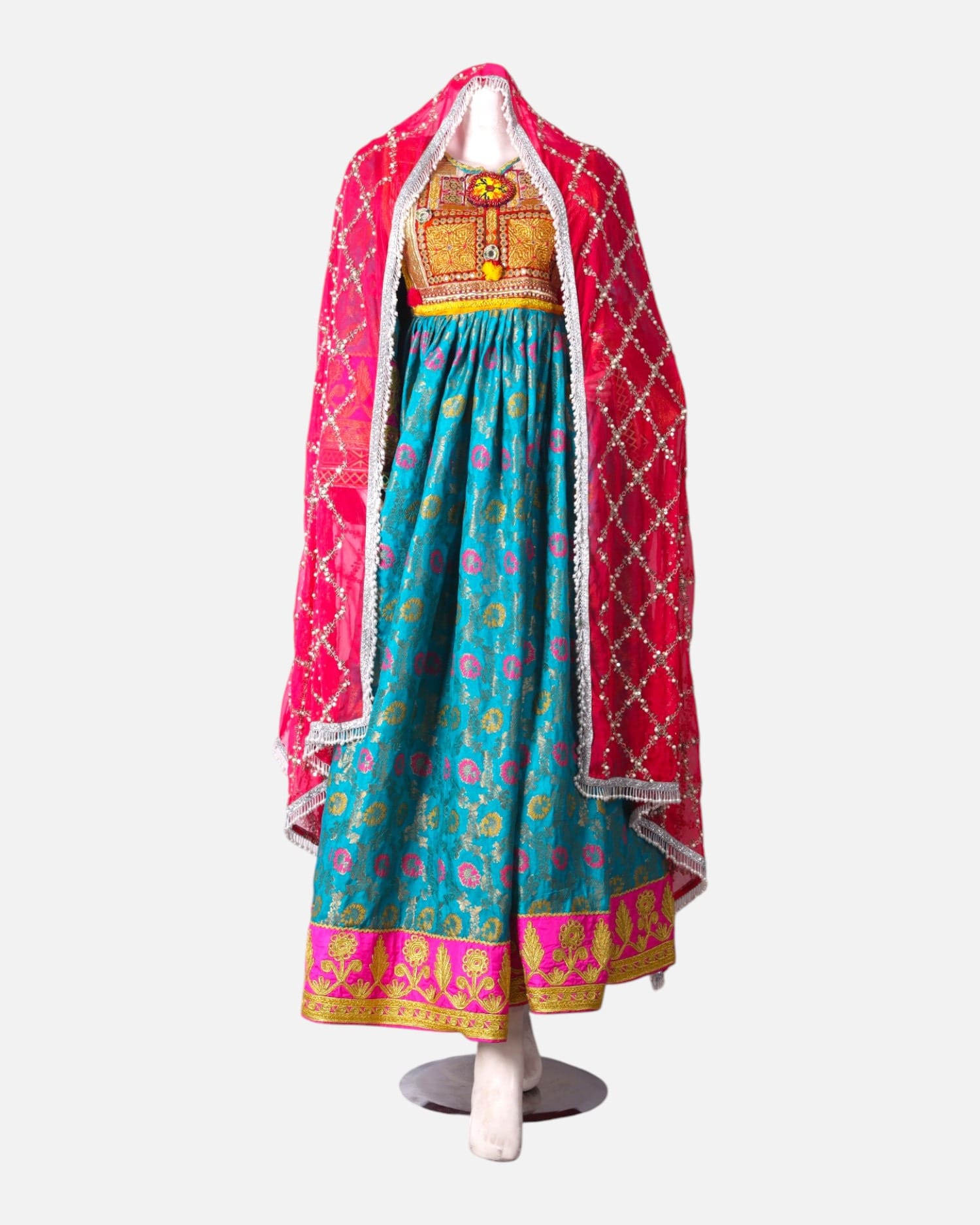Floral Afghan Dress with Traditional Embroidery and Pink Chador