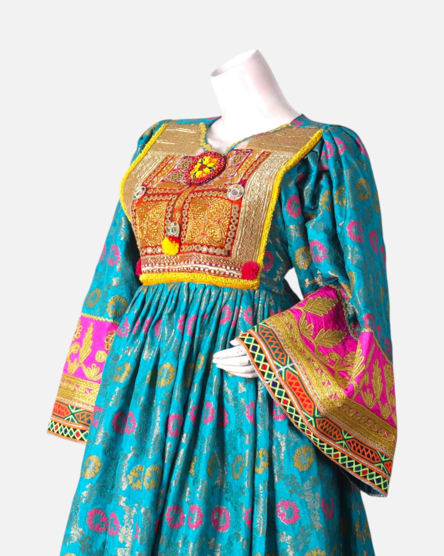 Floral Afghan Dress with Traditional Embroidery and Pink Chador