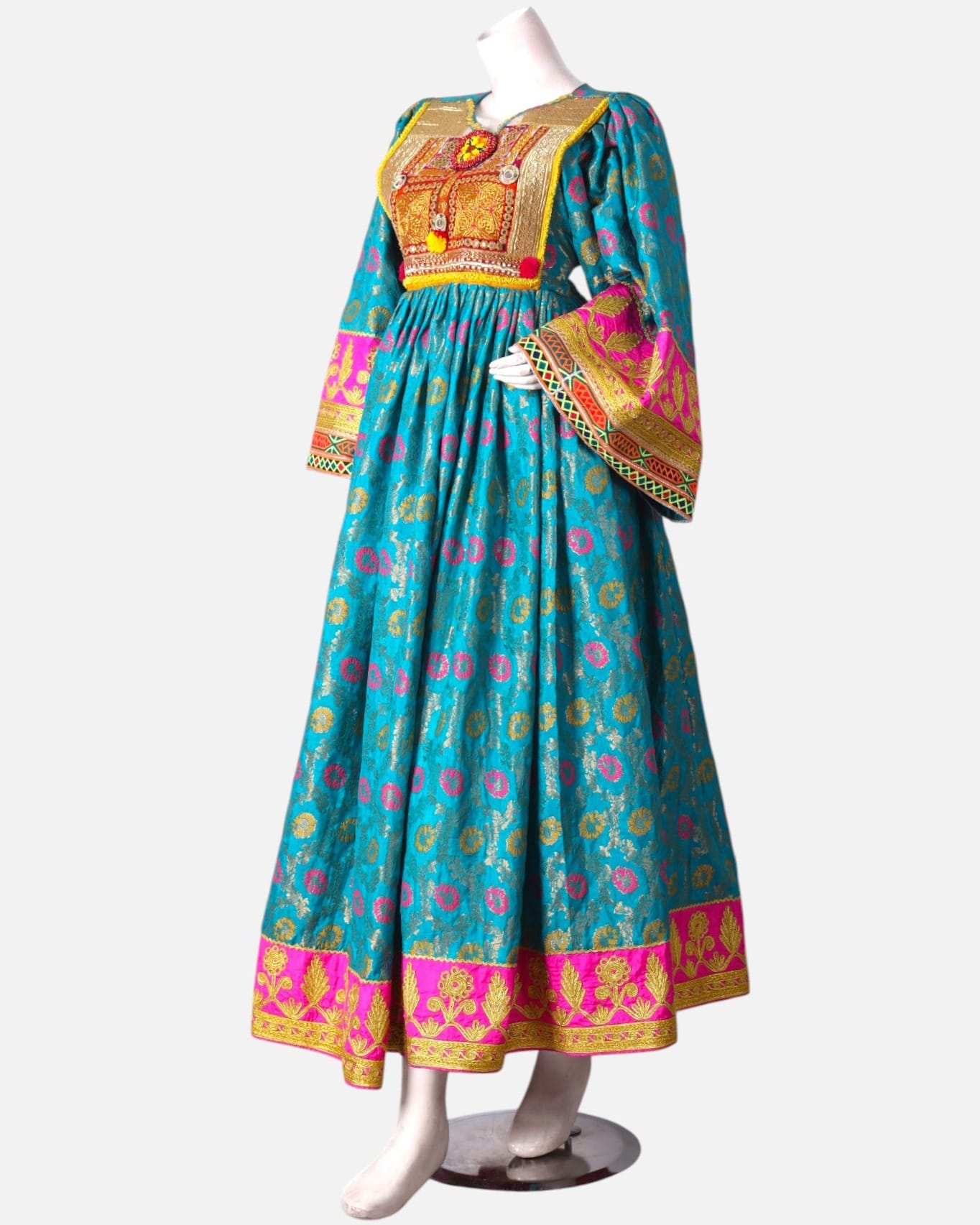 Floral Afghan Dress with Traditional Embroidery and Pink Chador