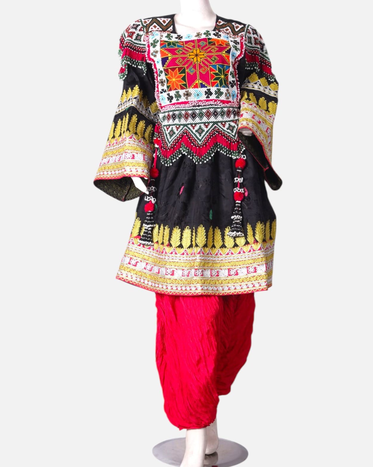 Black Afghan Kuchi Dress  with Pink Scarf and  Pant