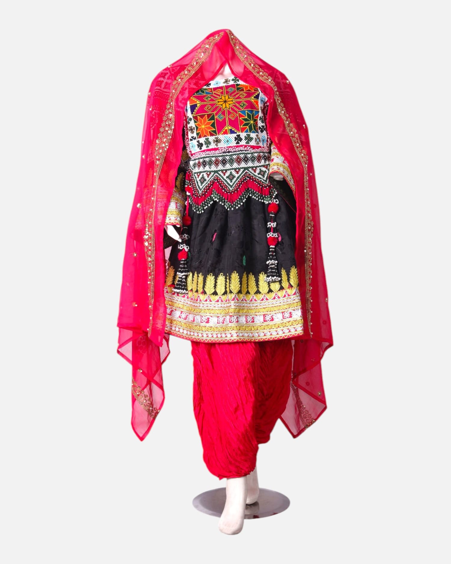 Black Afghan Kuchi Dress  with Pink Scarf and  Pant
