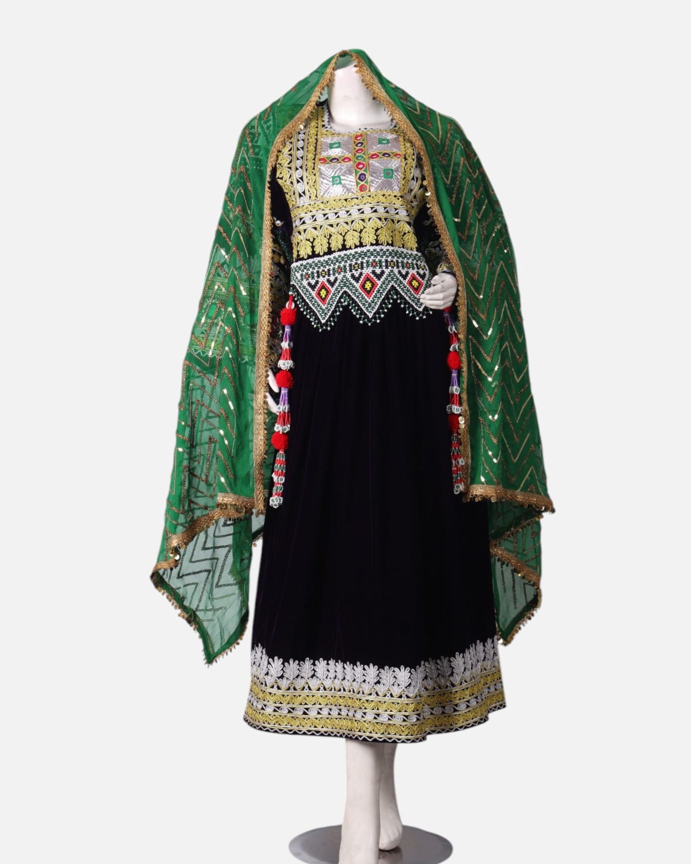 Black Afghan Velvet Dress with Hand Embroidered Velvet and Green Scarf