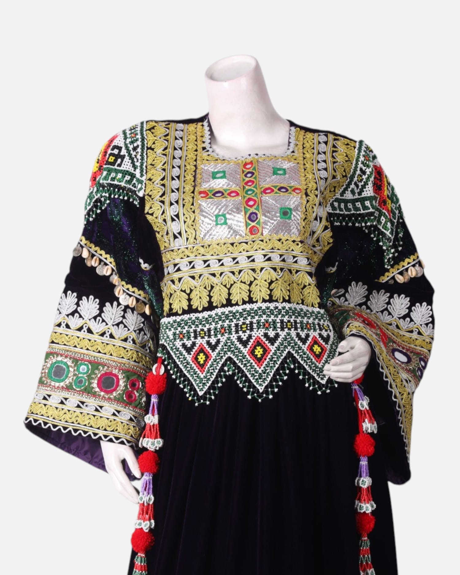 Black Afghan Velvet Dress with Hand Embroidered Velvet and Green Scarf |  Aseel