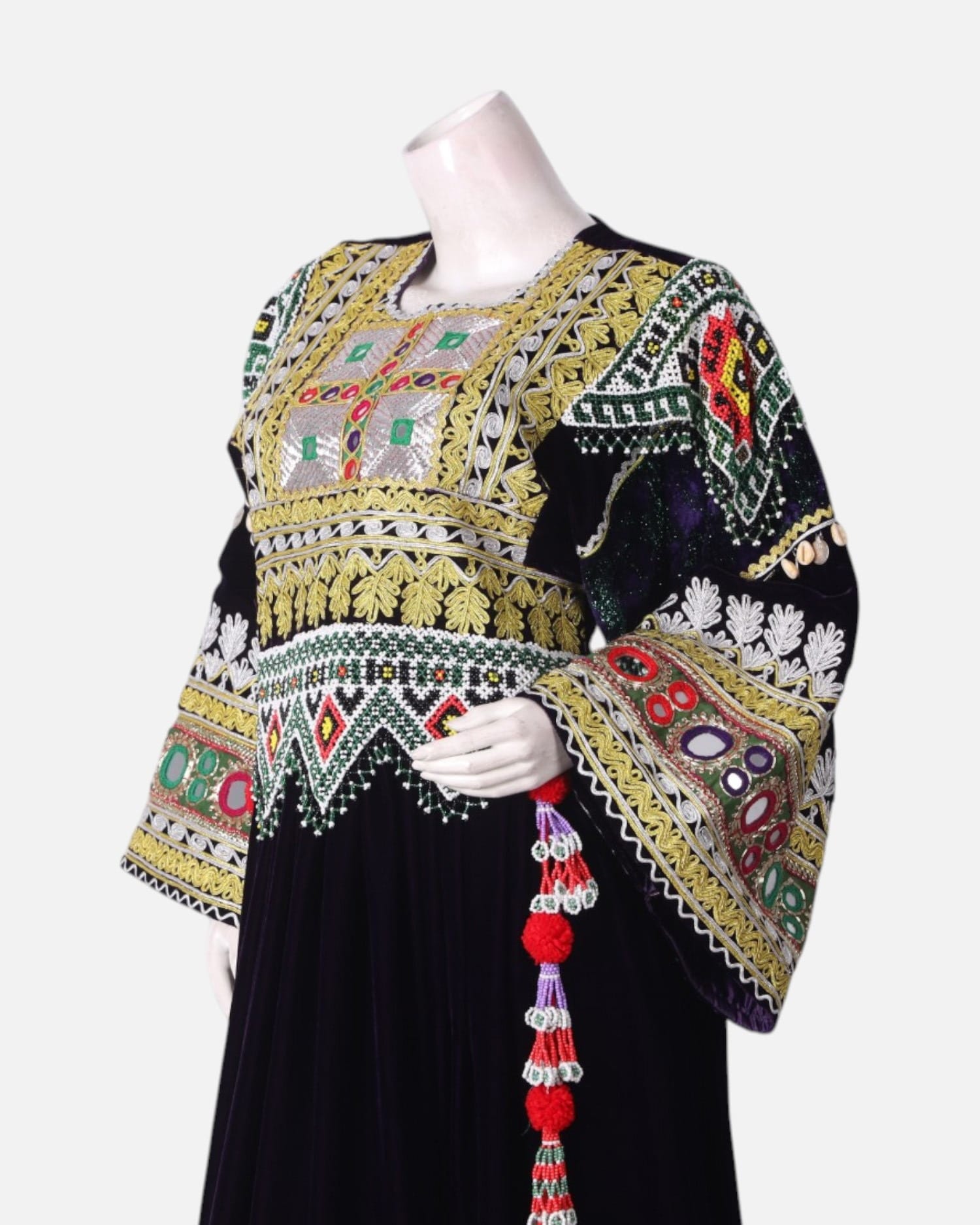 Black Afghan Velvet Dress with Hand Embroidered Velvet and Green Scarf