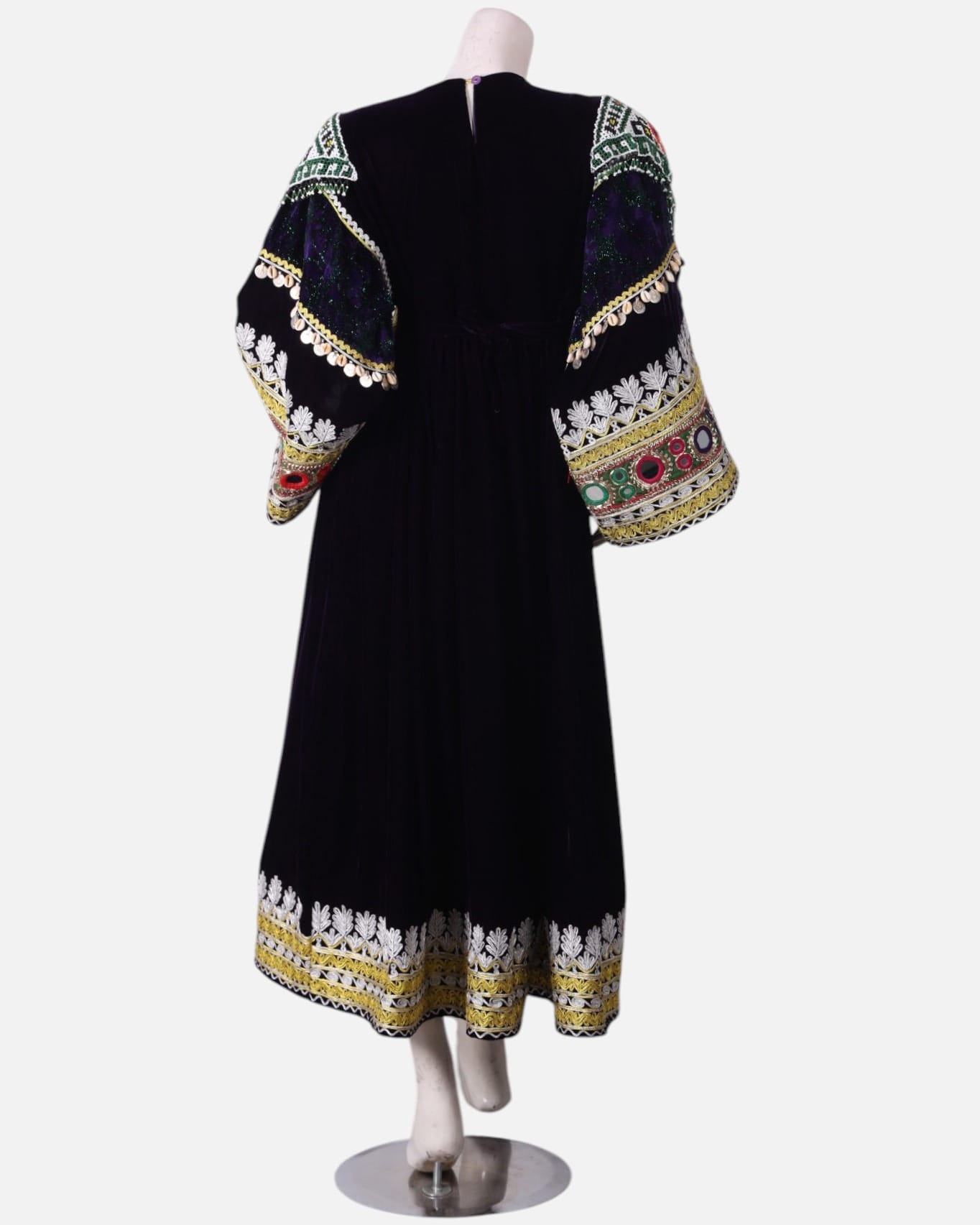 Black Afghan Velvet Dress with Hand Embroidered Velvet and Green Scarf