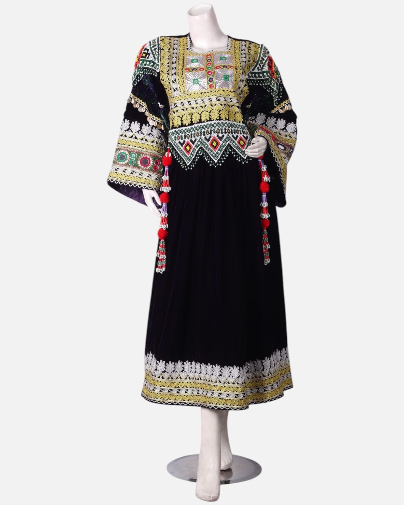 Black Afghan Velvet Dress with Hand Embroidered Velvet and Green Scarf
