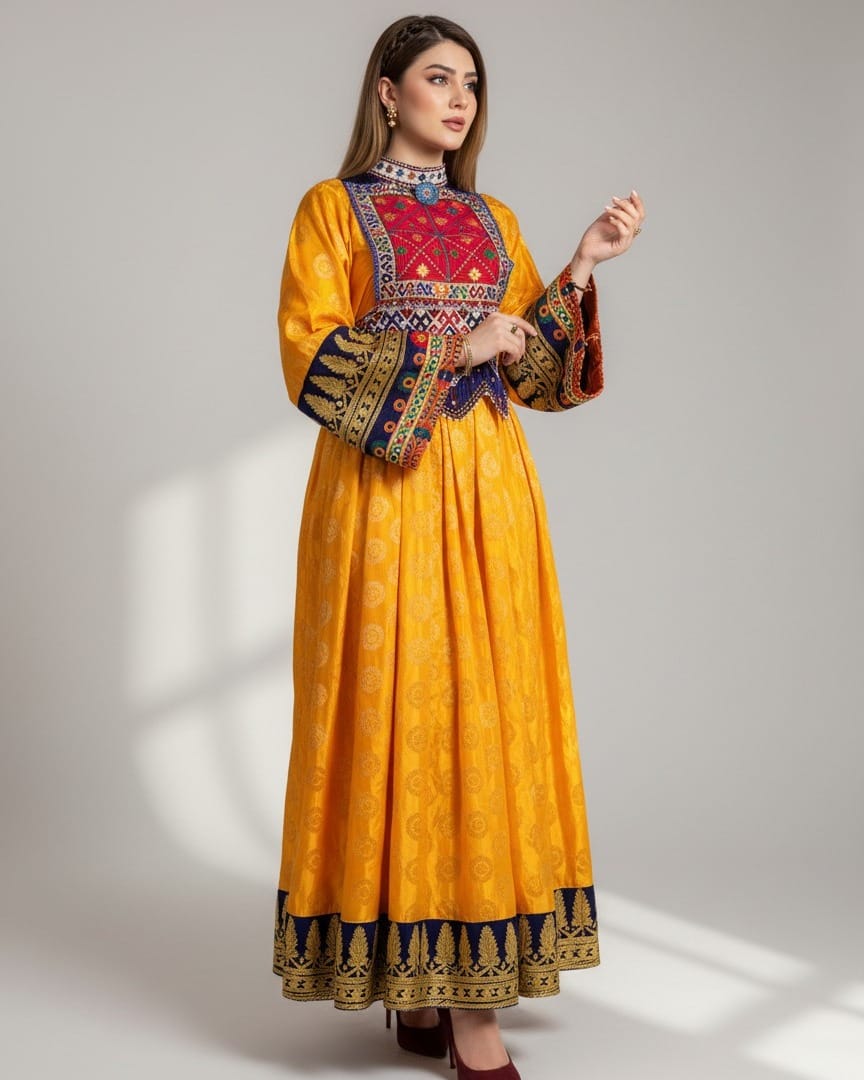 Kuchi Dress with Hand Embroidered Details and Floral Lapis Blue Scarf