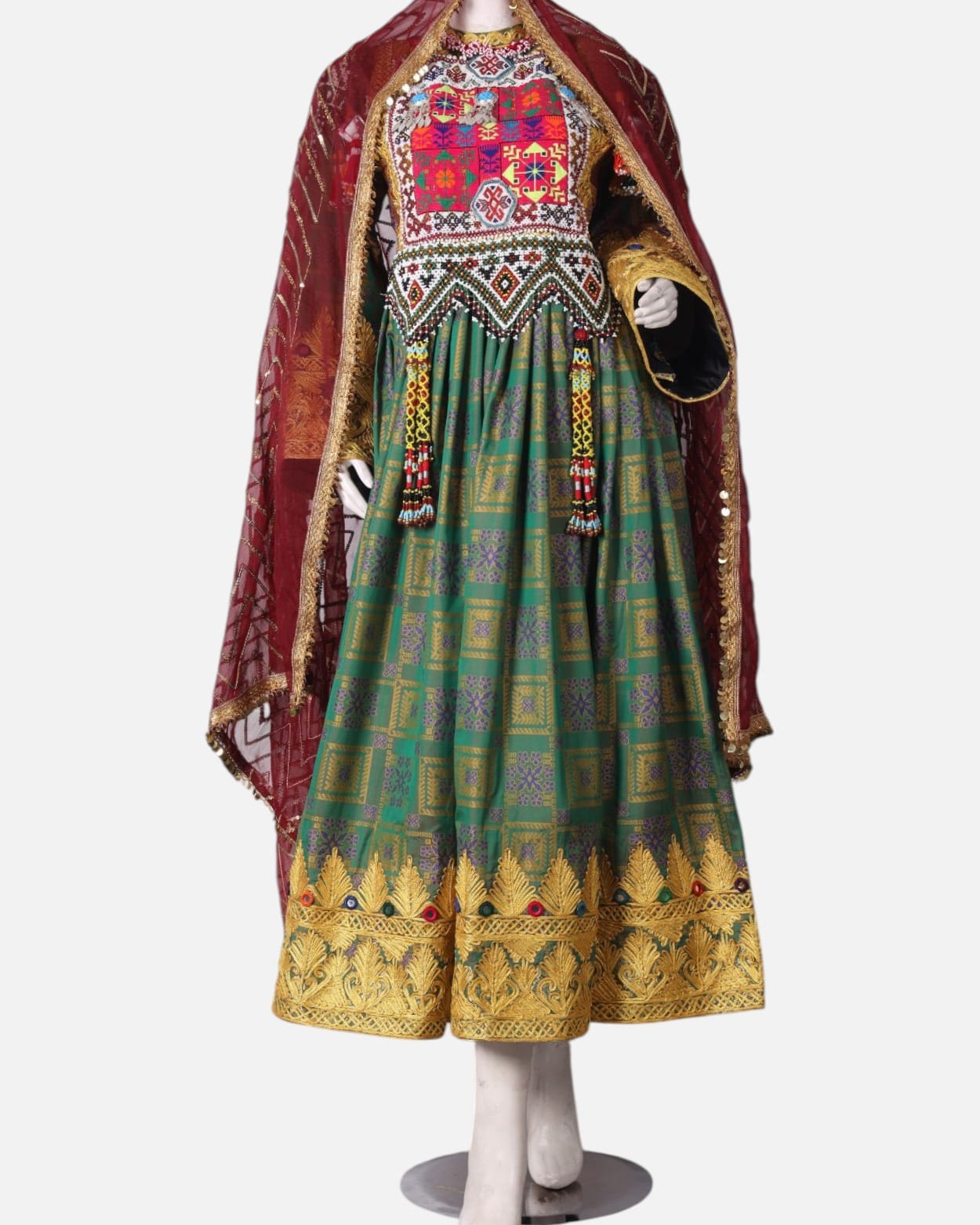 Green Kuchi Dress with Hand Embroidered Details and Burgundy Scarf
