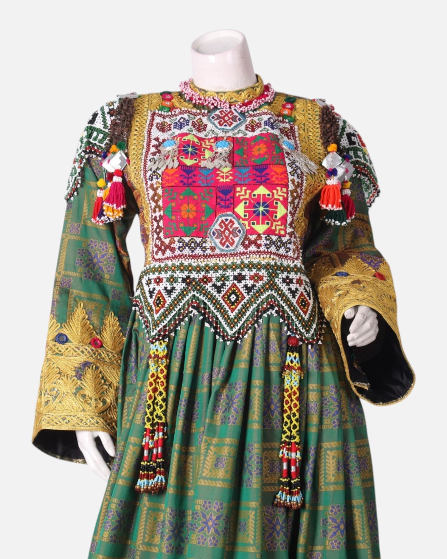 Green Kuchi Dress with Hand Embroidered Details and Burgundy Scarf