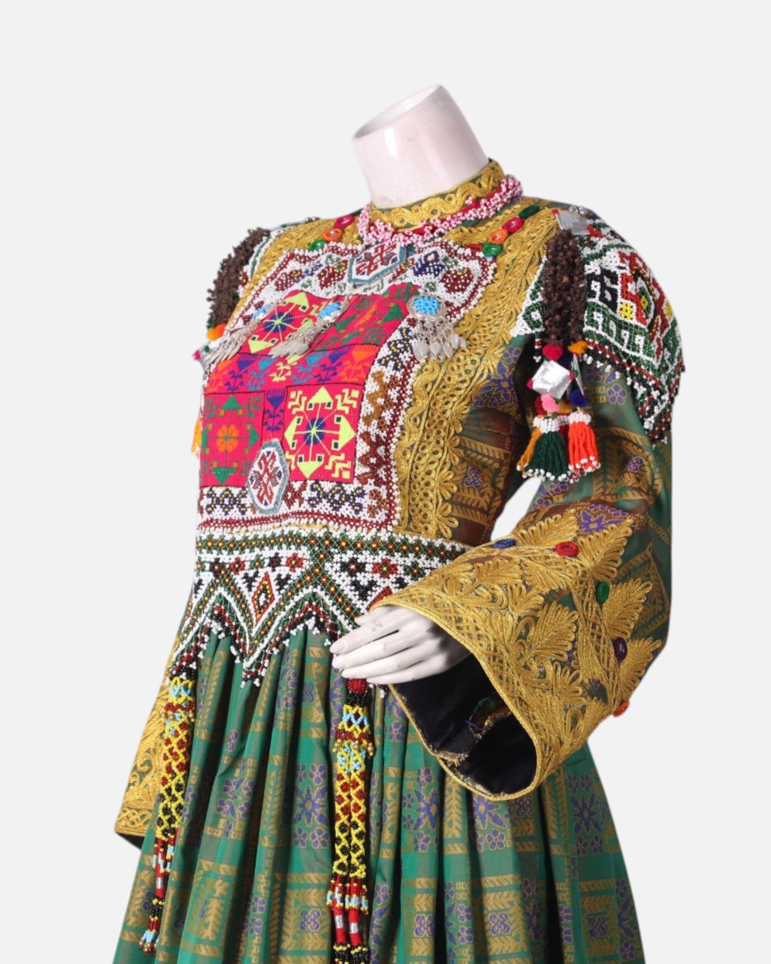 Green Kuchi Dress with Hand Embroidered Details and Burgundy Scarf