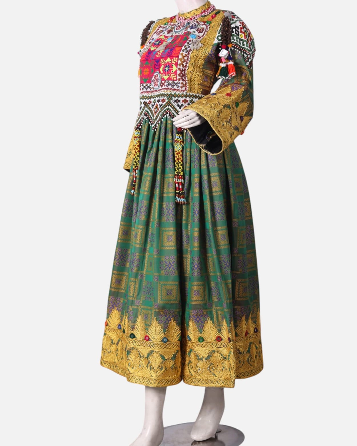 Green Kuchi Dress with Hand Embroidered Details and Burgundy Scarf