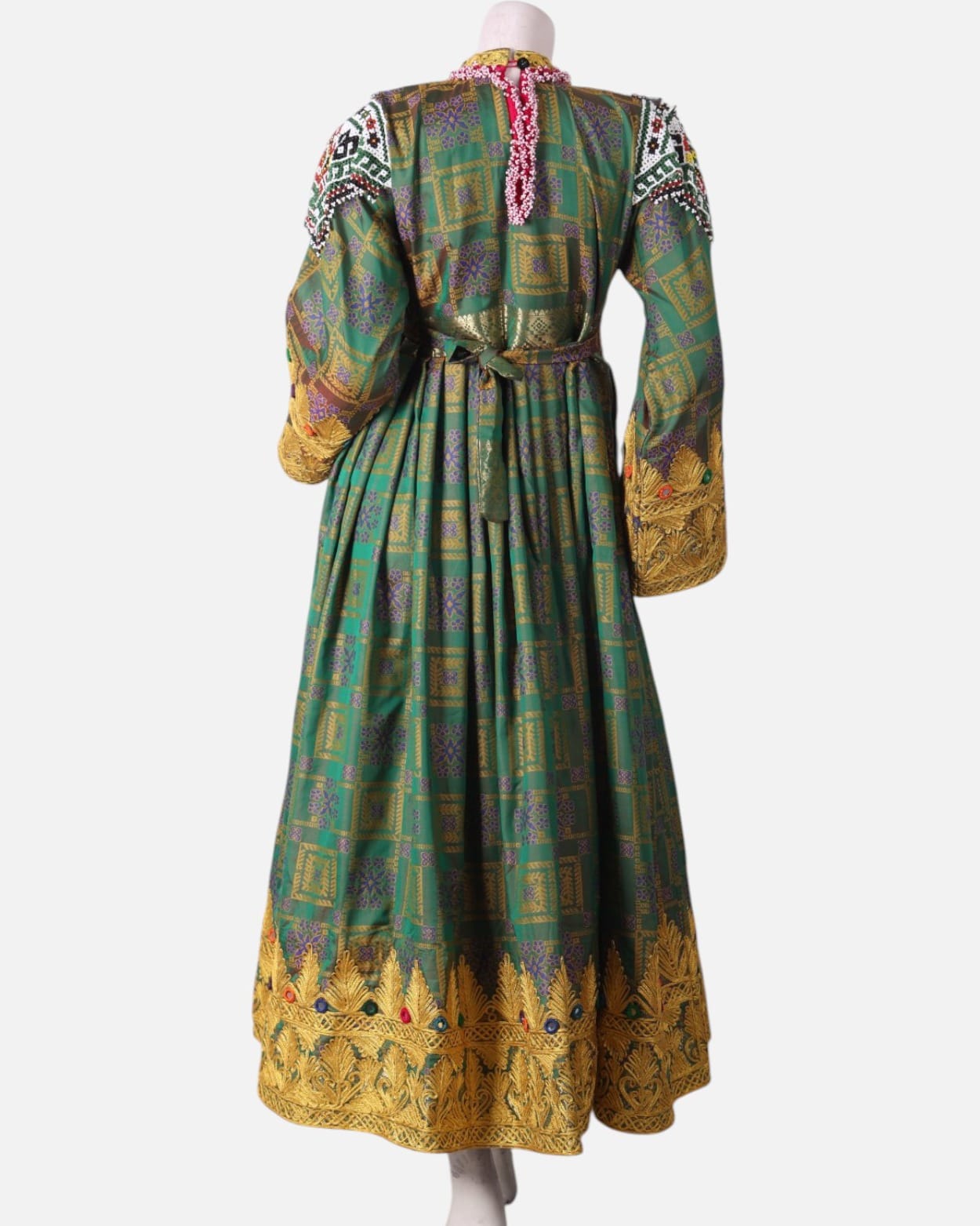 Green Kuchi Dress with Hand Embroidered Details and Burgundy Scarf