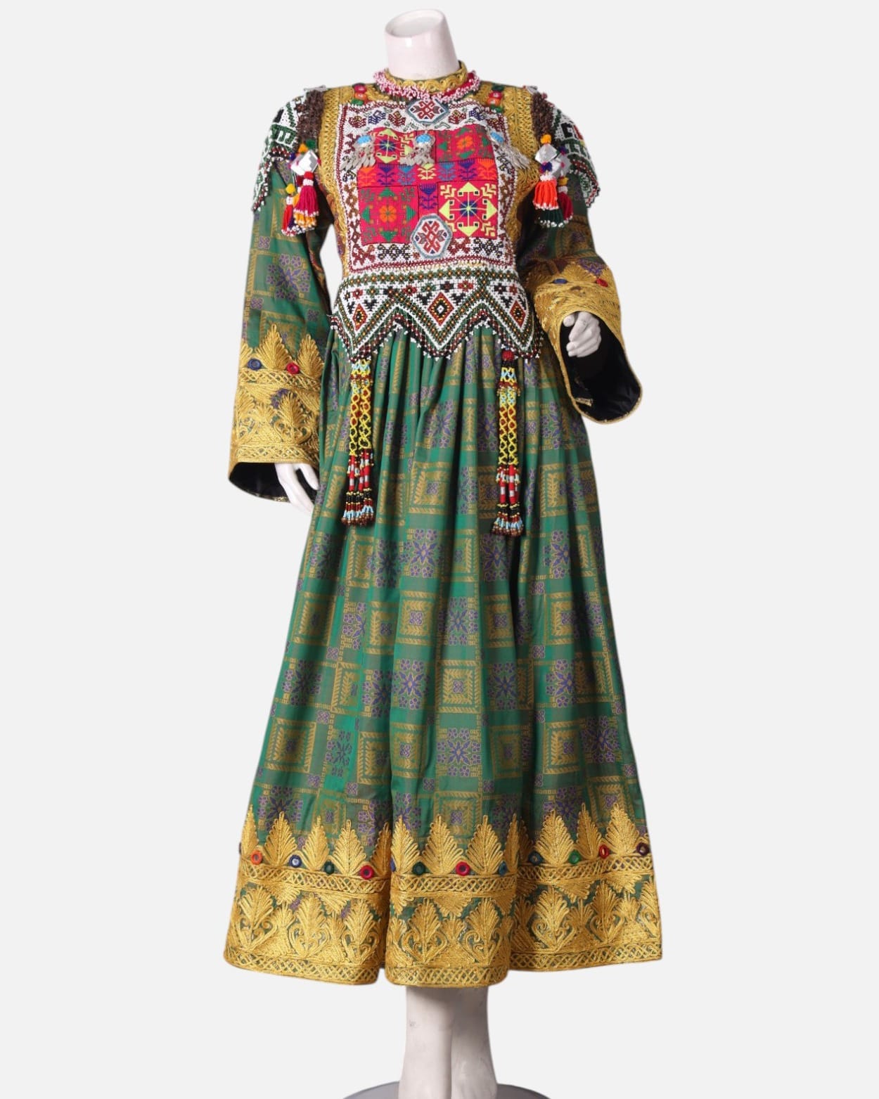 Green Kuchi Dress with Hand Embroidered Details and Burgundy Scarf