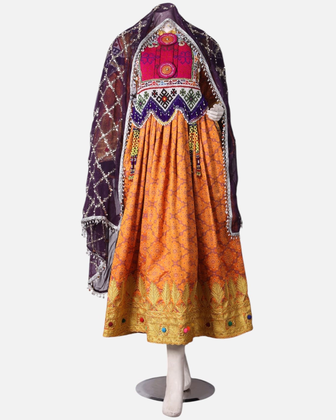 Orange Afghan Banarsi Dress – Kuchi Embroidery, Vintage Chestpiece & Purple Scarf