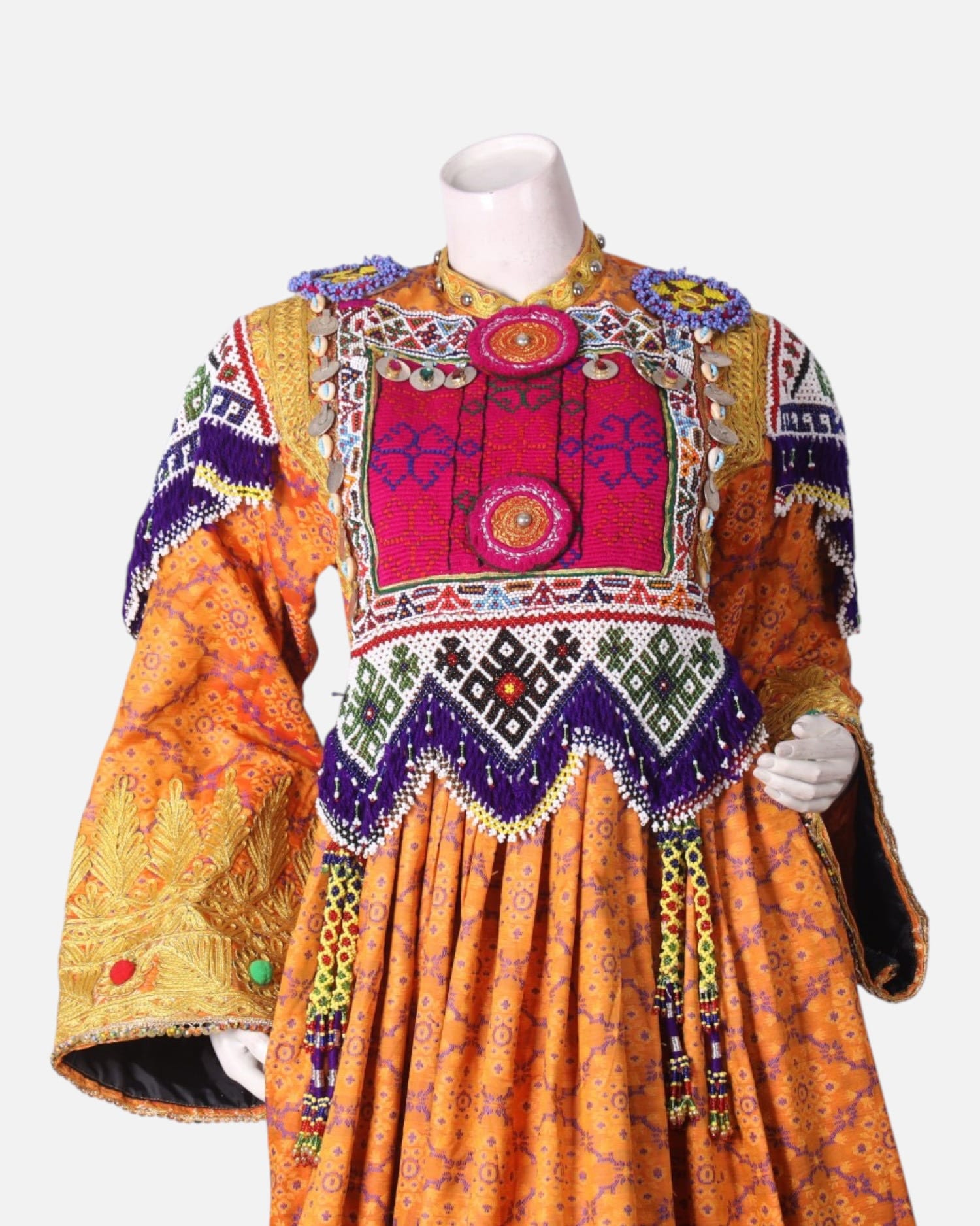 Orange Afghan Banarsi Dress – Kuchi Embroidery, Vintage Chestpiece & Purple Scarf