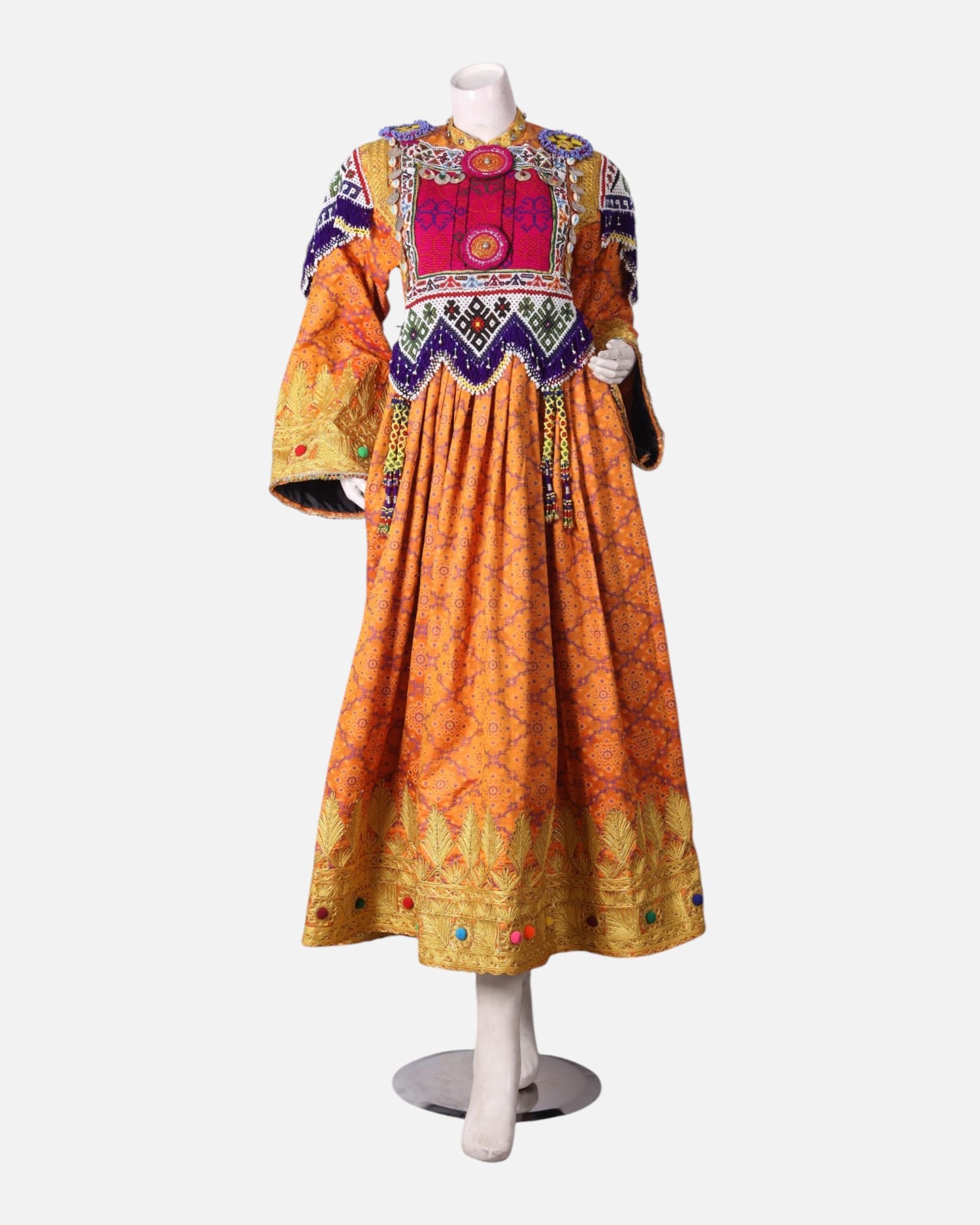 Orange Afghan Banarsi Dress – Kuchi Embroidery, Vintage Chestpiece & Purple Scarf