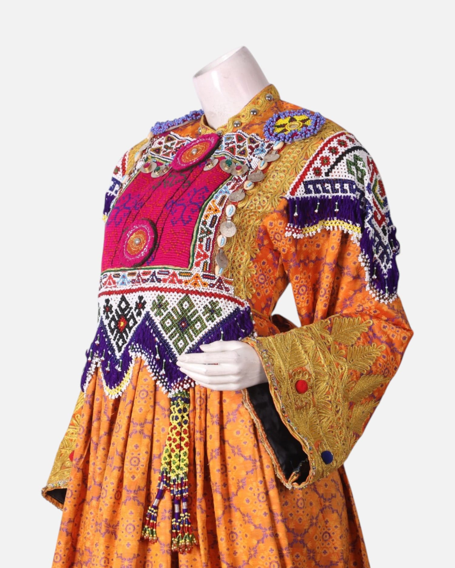 Orange Afghan Banarsi Dress – Kuchi Embroidery, Vintage Chestpiece & Purple Scarf