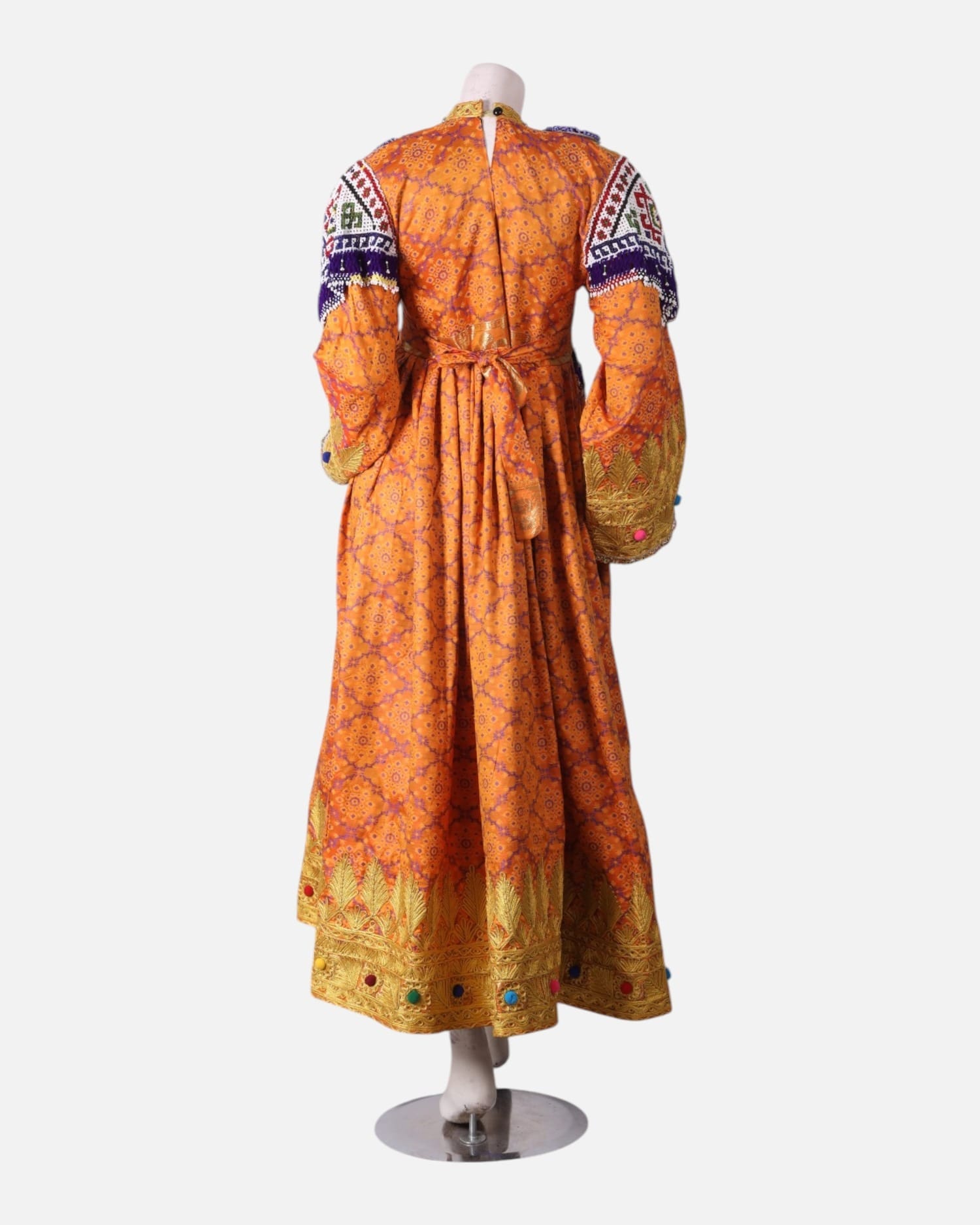 Orange Afghan Banarsi Dress – Kuchi Embroidery, Vintage Chestpiece & Purple Scarf