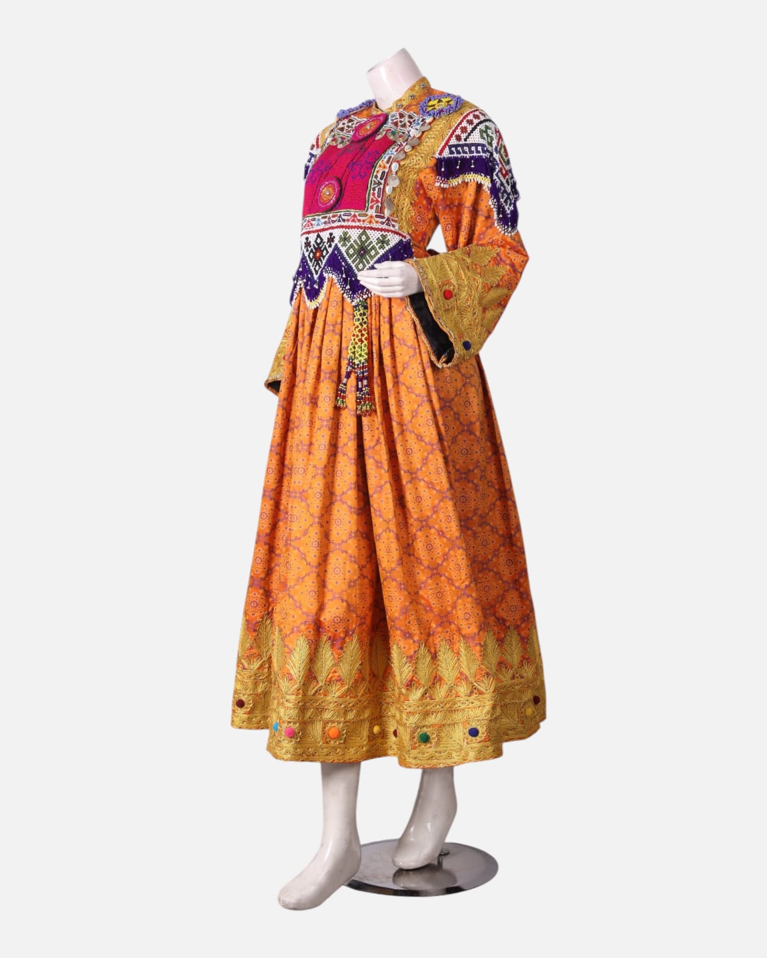 Orange Afghan Banarsi Dress – Kuchi Embroidery, Vintage Chestpiece & Purple Scarf