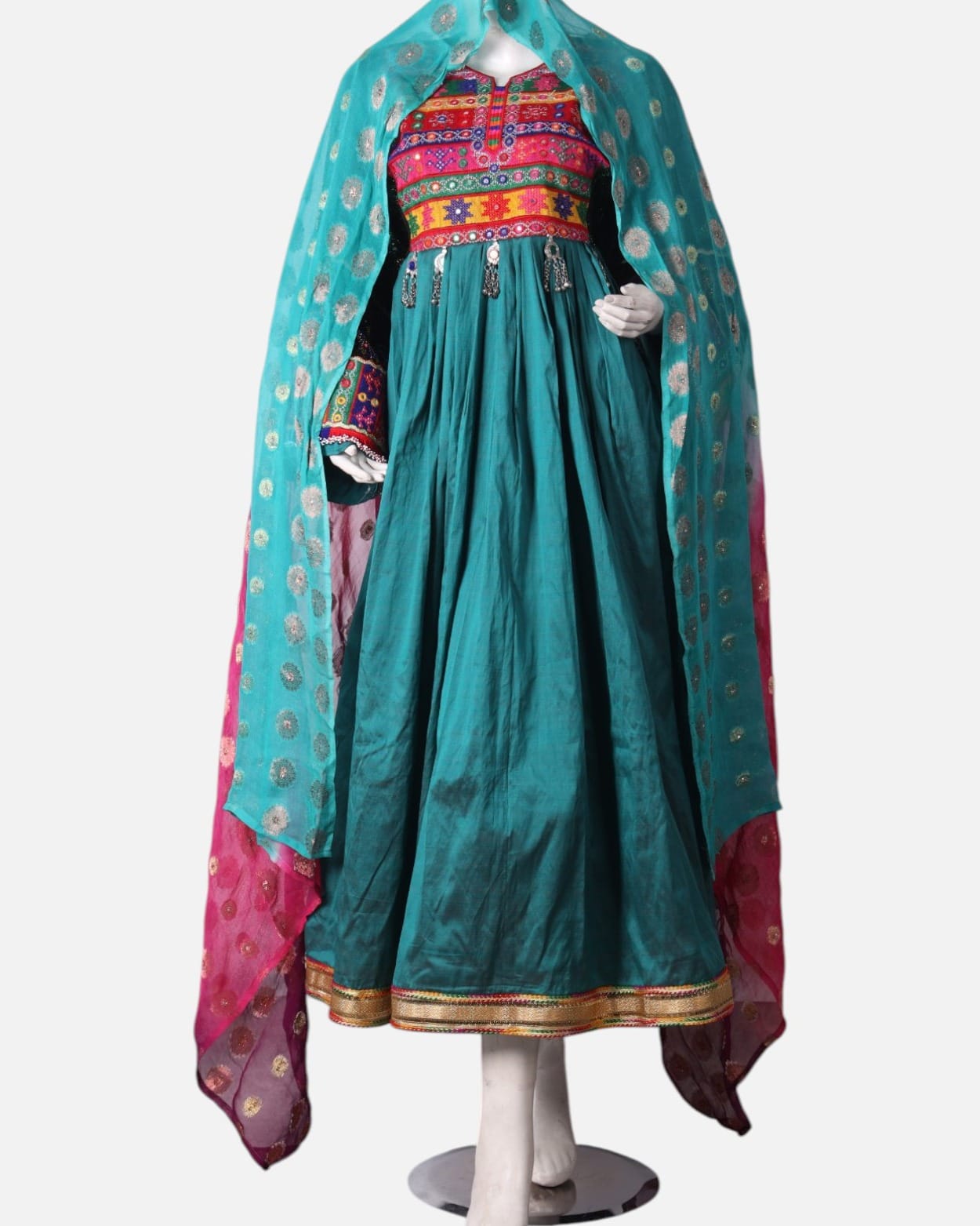 Afghan Dress with Vibrant Kuchi Embroidery and Teal Skirt, Multi Colored Scarf
