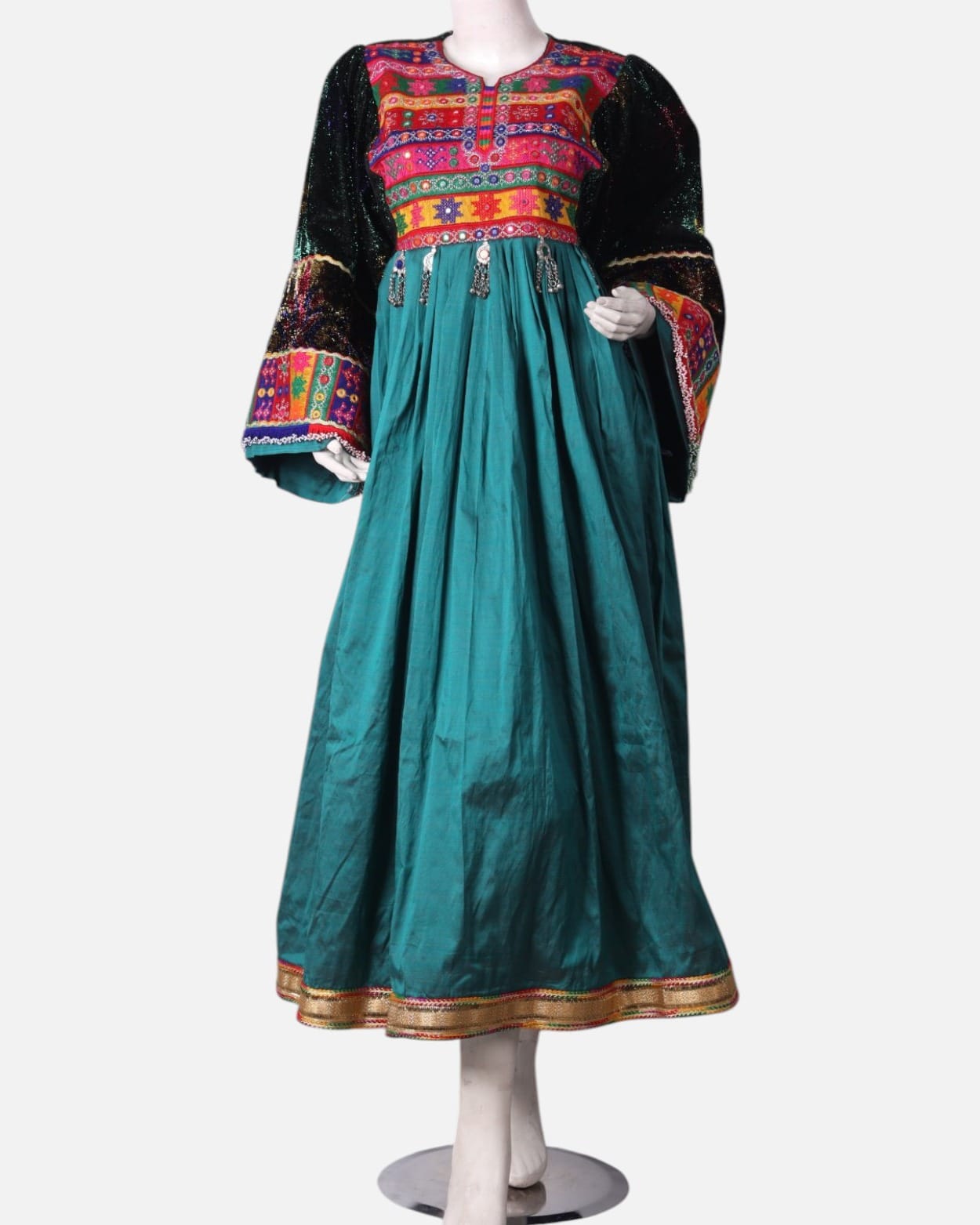 Afghan Dress with Vibrant Kuchi Embroidery and Teal Skirt, Multi Colored Scarf