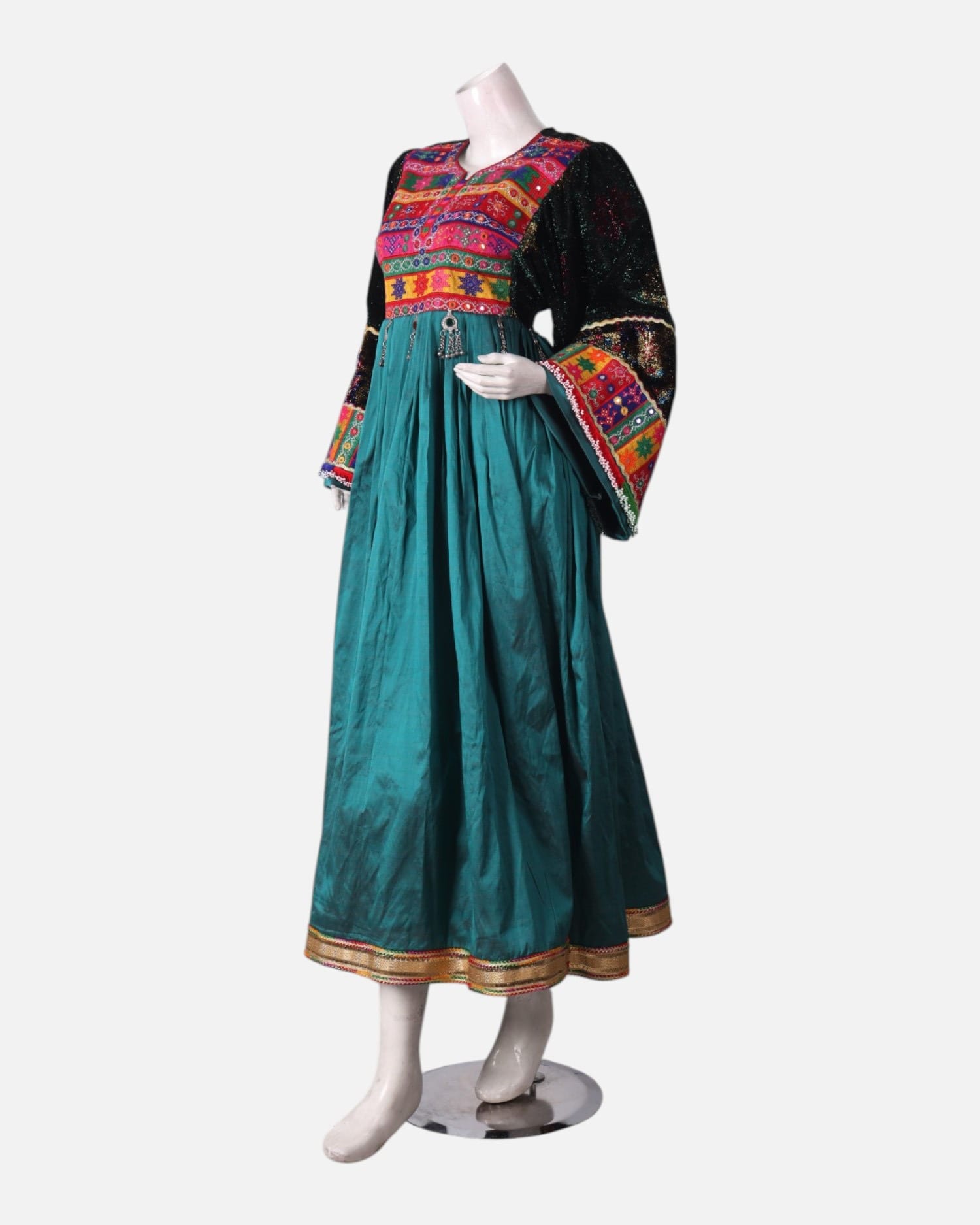 Afghan Dress with Vibrant Kuchi Embroidery and Teal Skirt, Multi Colored Scarf