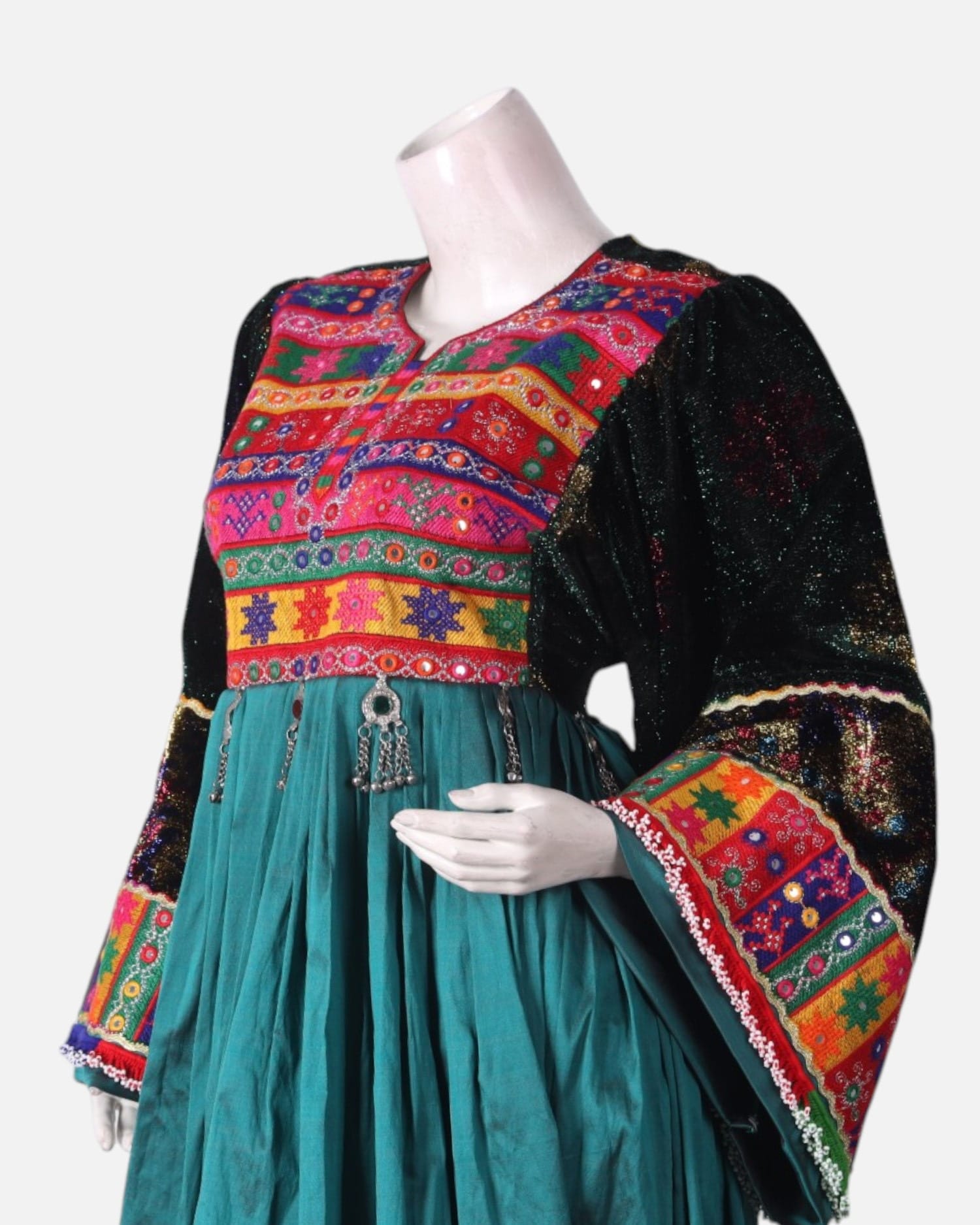 Afghan Dress with Vibrant Kuchi Embroidery and Teal Skirt, Multi Colored Scarf