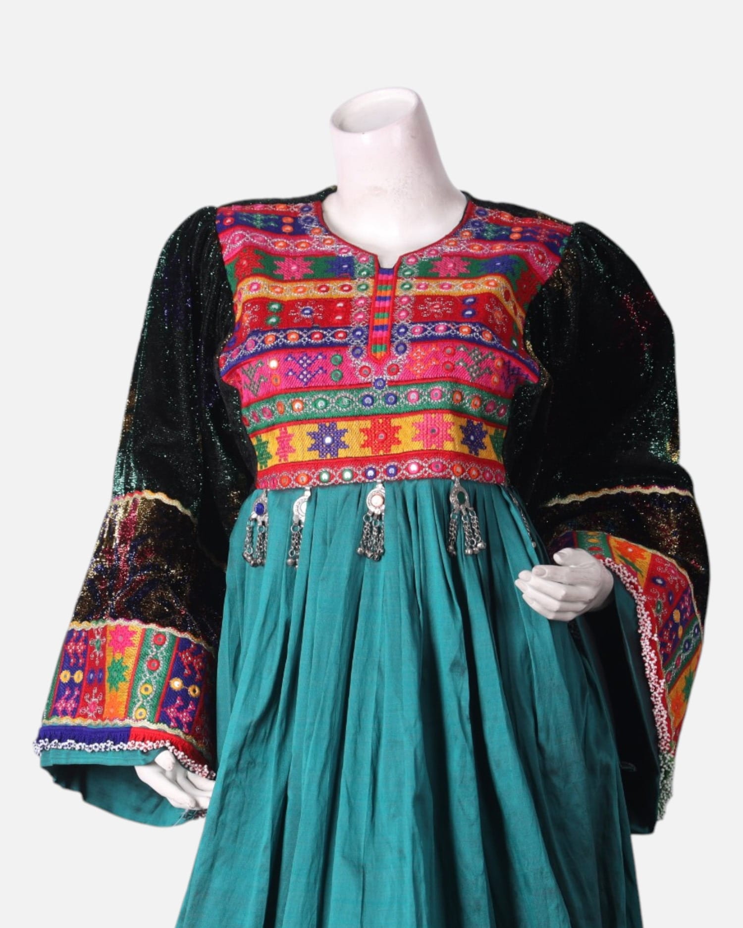 Afghan Dress with Vibrant Kuchi Embroidery and Teal Skirt, Multi Colored Scarf