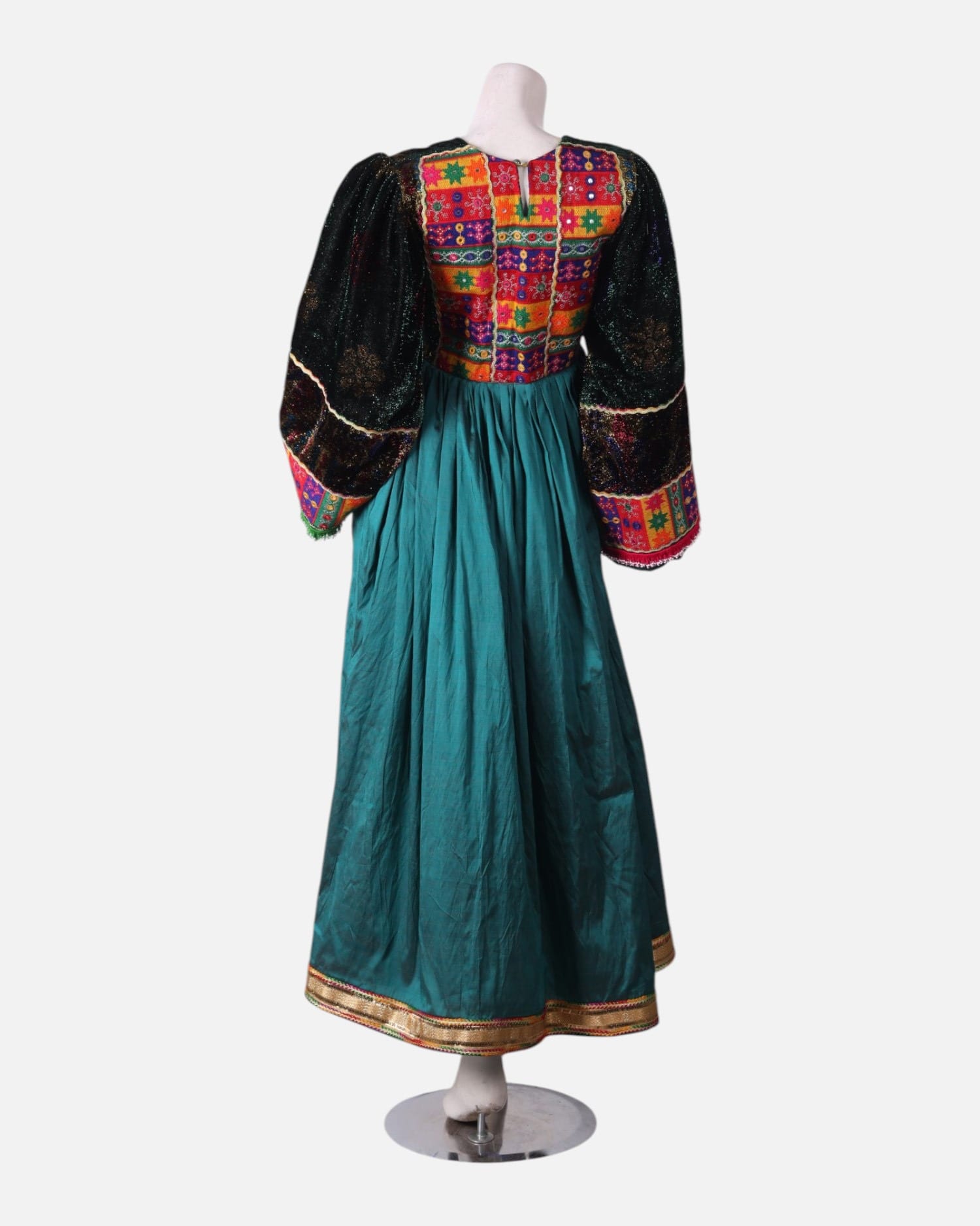 Afghan Dress with Vibrant Kuchi Embroidery and Teal Skirt, Multi Colored Scarf