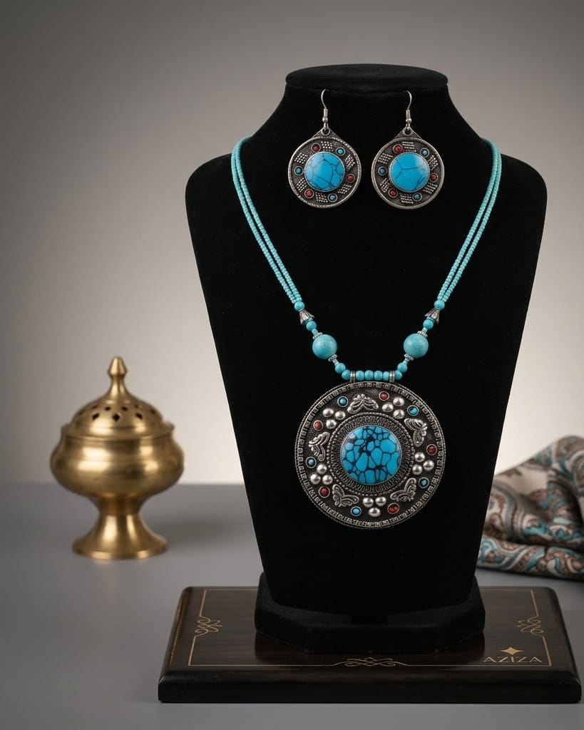 Antique Blue Turquoise Pendant|Traditional Style Necklace | Necklace, Hook Earrings