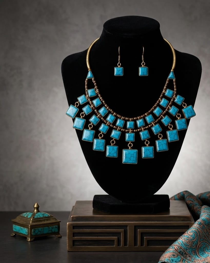 Blue Turqouise Antique Jewelry Set | Double Stranded Necklace and Earrings