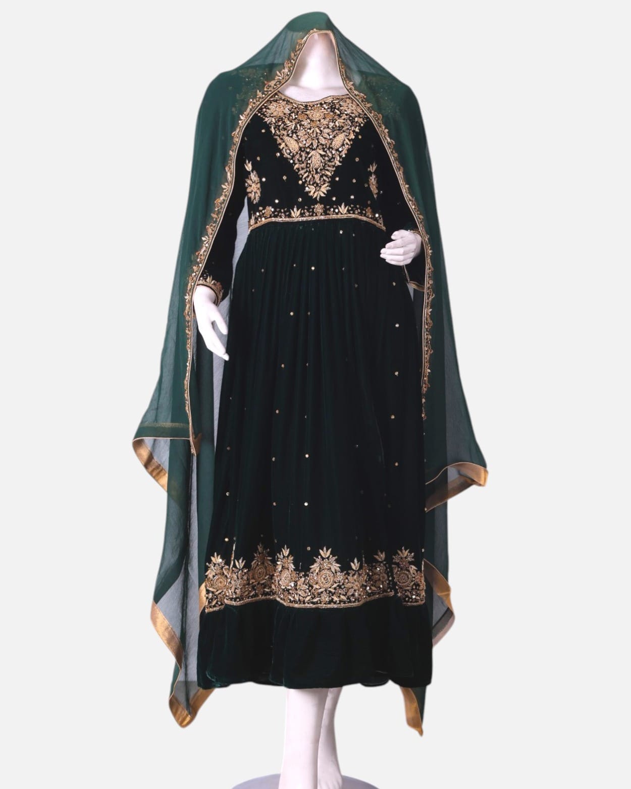 Green Afghan Traditional Dress and Matching Green Scarf - Cloth Sizes Women: X-Small