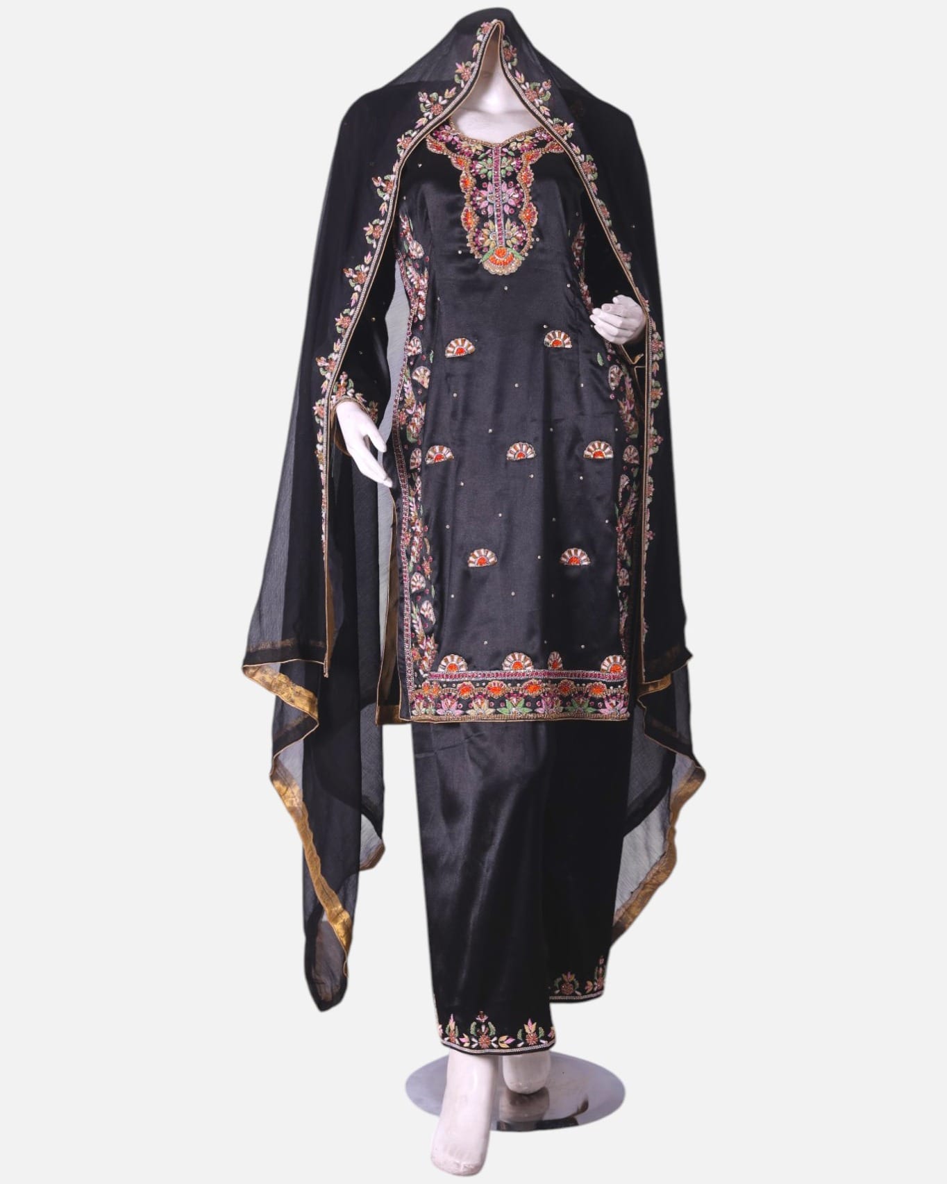 Black Afghan Satin Dress with Sirma Embroidery and Matching Scarf