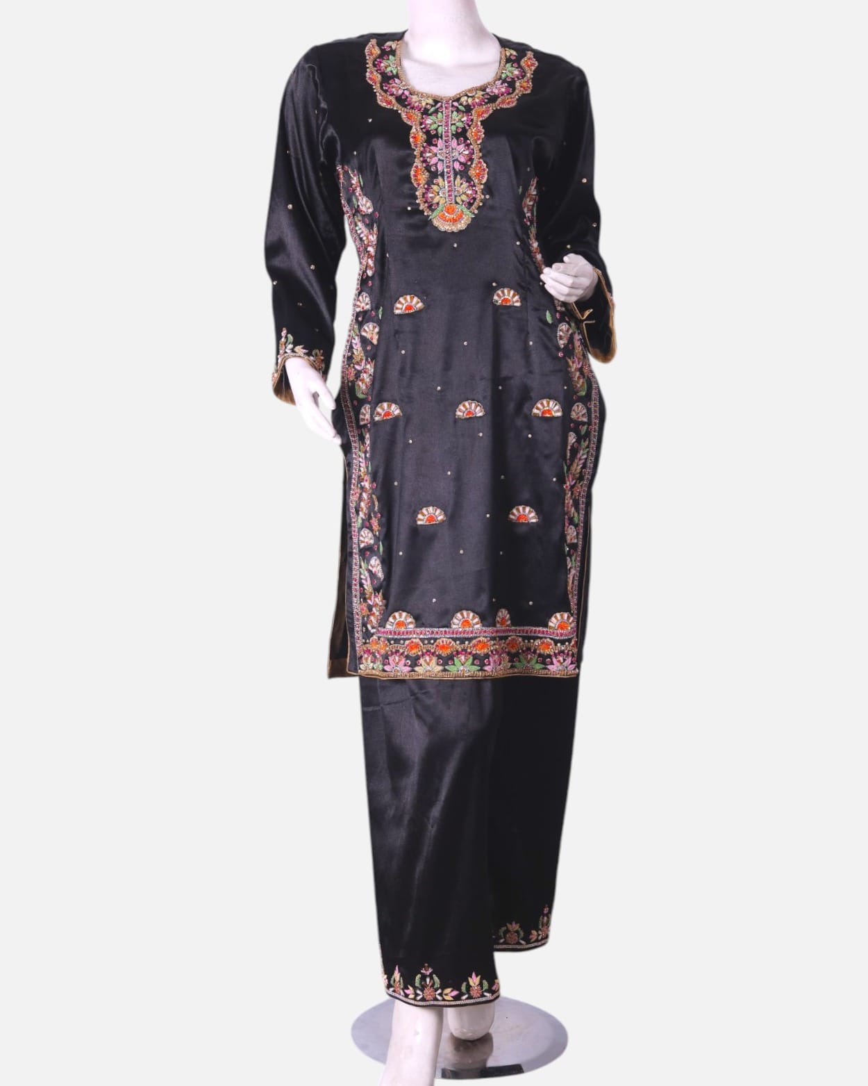 Black Afghan Satin Dress with Sirma Embroidery and Matching Scarf