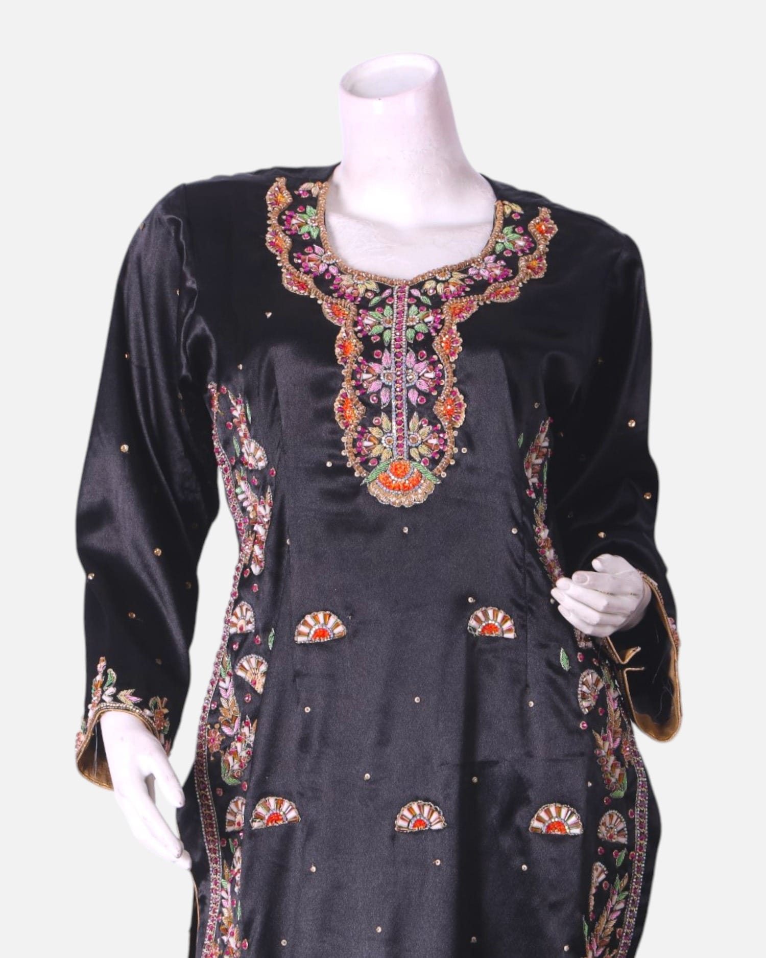 Black Afghan Satin Dress with Sirma Embroidery and Matching Scarf