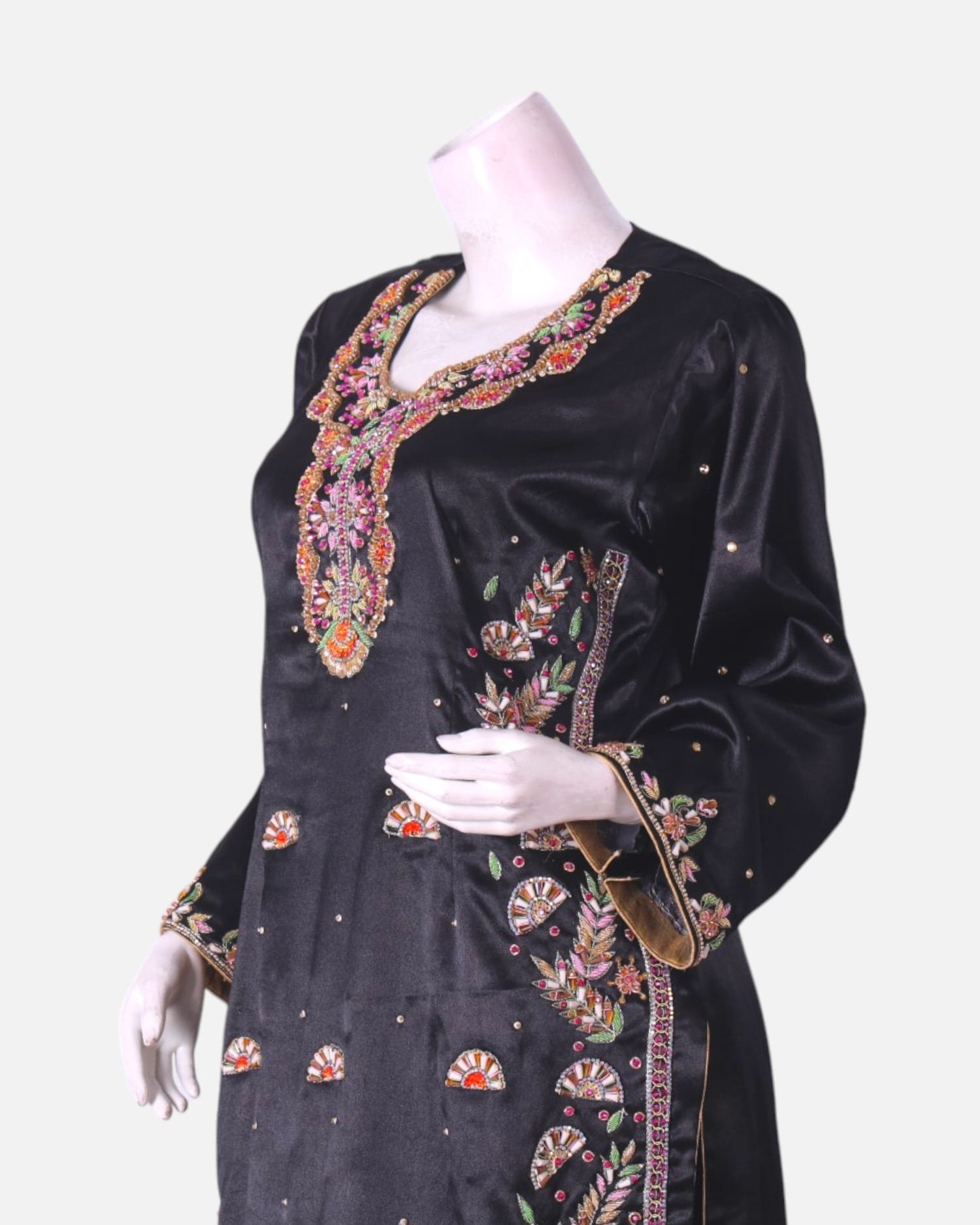 Black Afghan Satin Dress with Sirma Embroidery and Matching Scarf