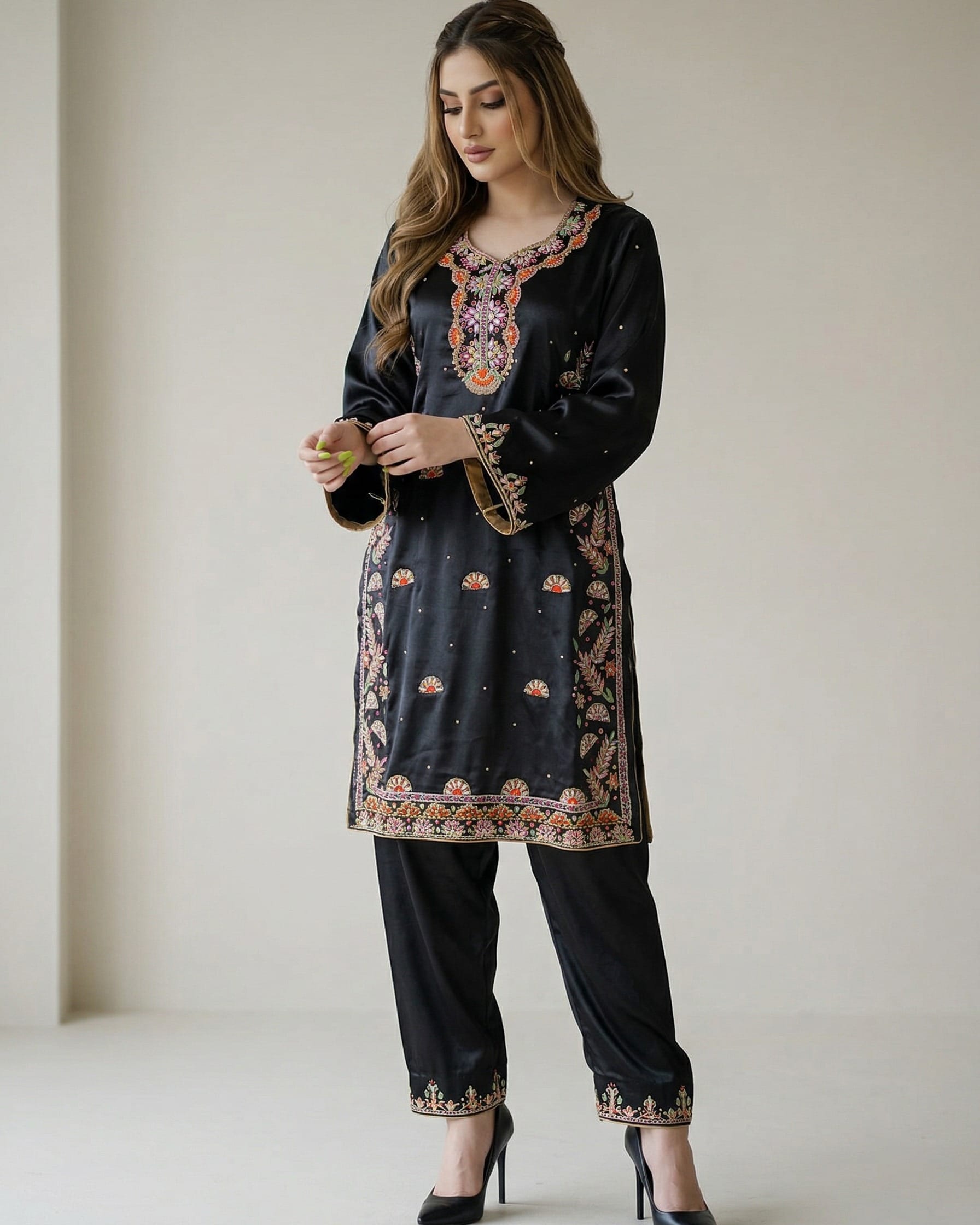 Black Afghan Satin Dress with Sirma Embroidery and Matching Scarf
