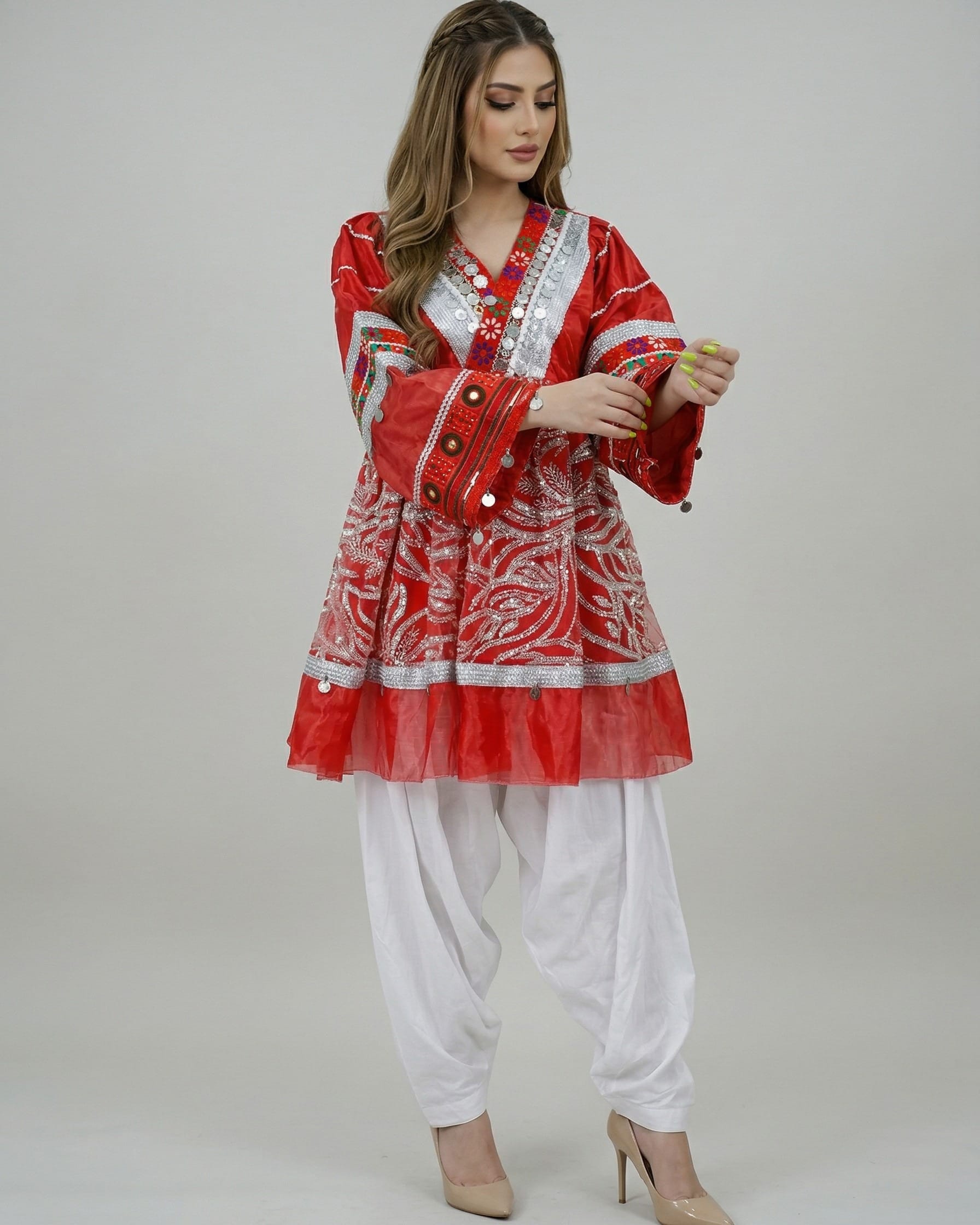 Red  Kuchi Dress with  Matching Red Scarf
