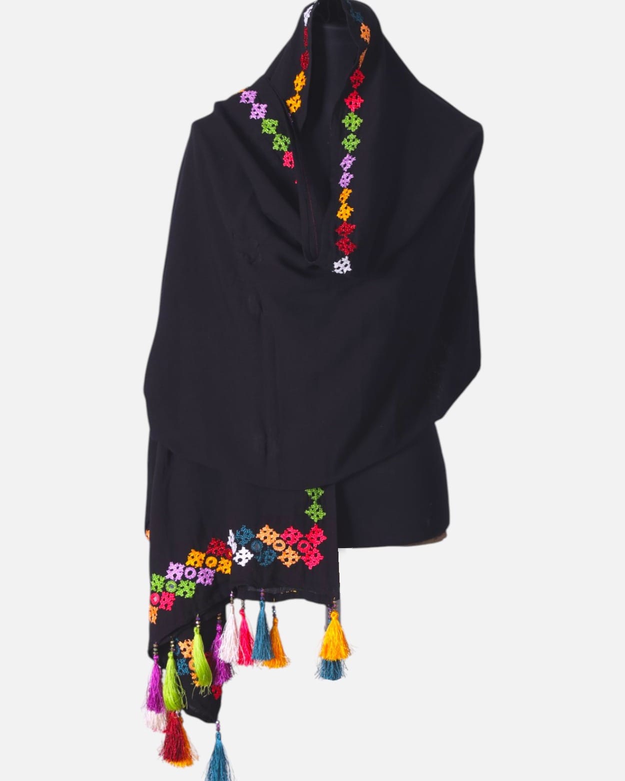 Black Afghan Shawl with Colorful Hand Embroidery