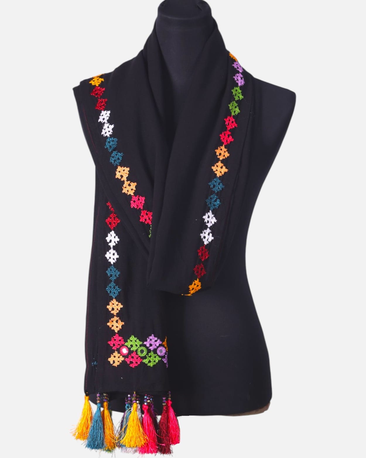 Black Afghan Shawl with Colorful Hand Embroidery