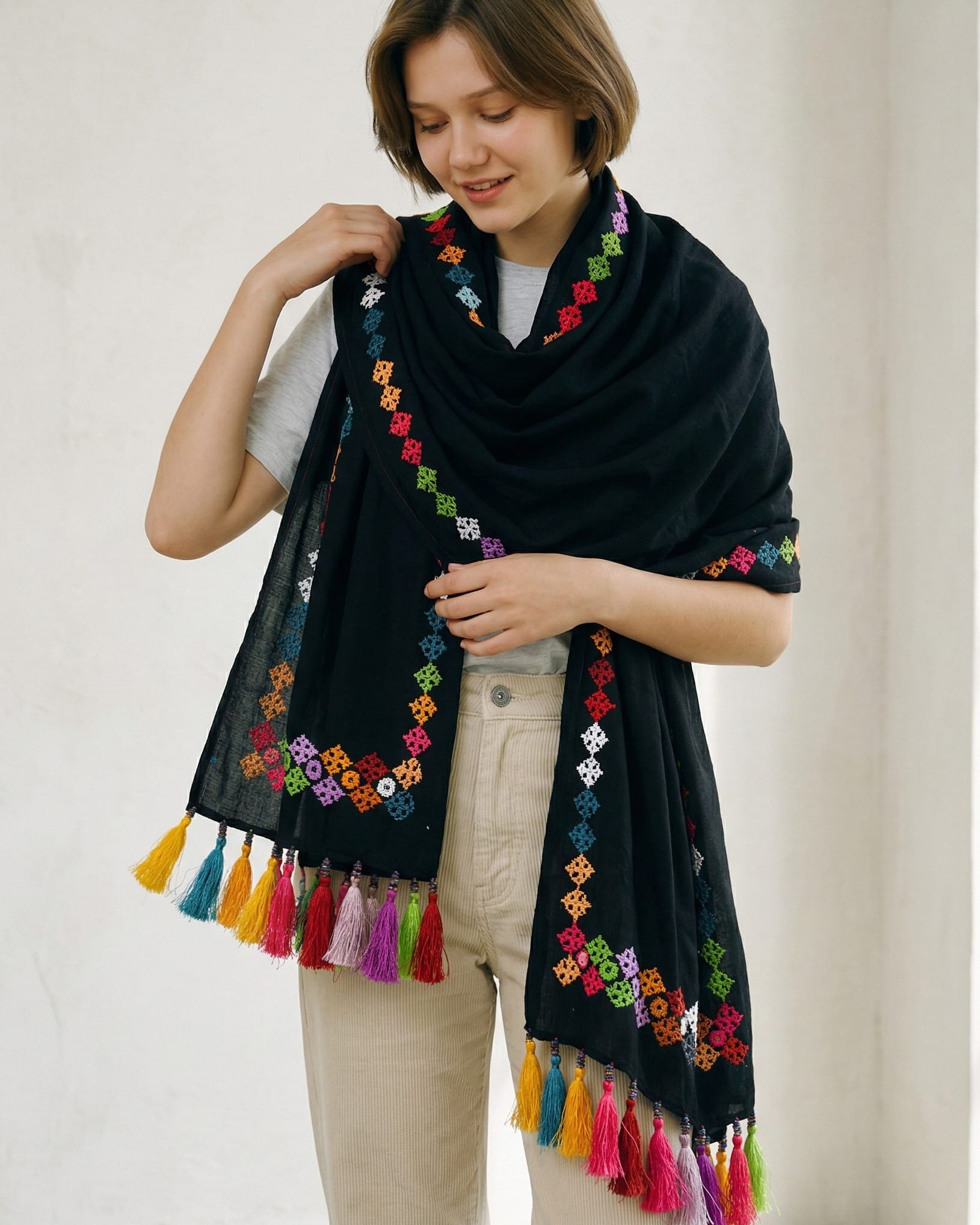 Black Afghan Shawl with Colorful Hand Embroidery