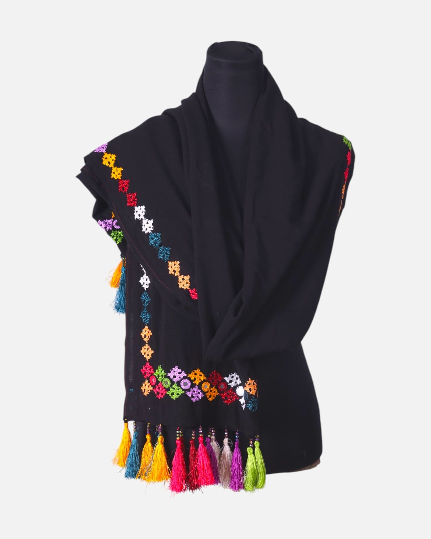 Black Afghan Shawl with Colorful Hand Embroidery