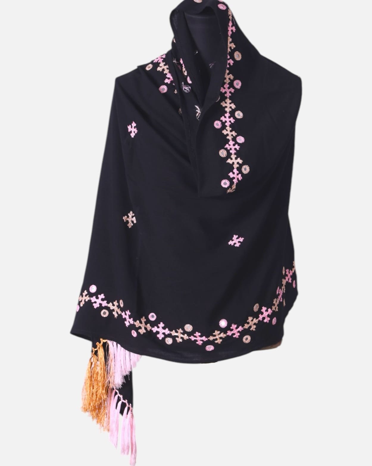 Large Black Shawl For Women Hand Embroidery