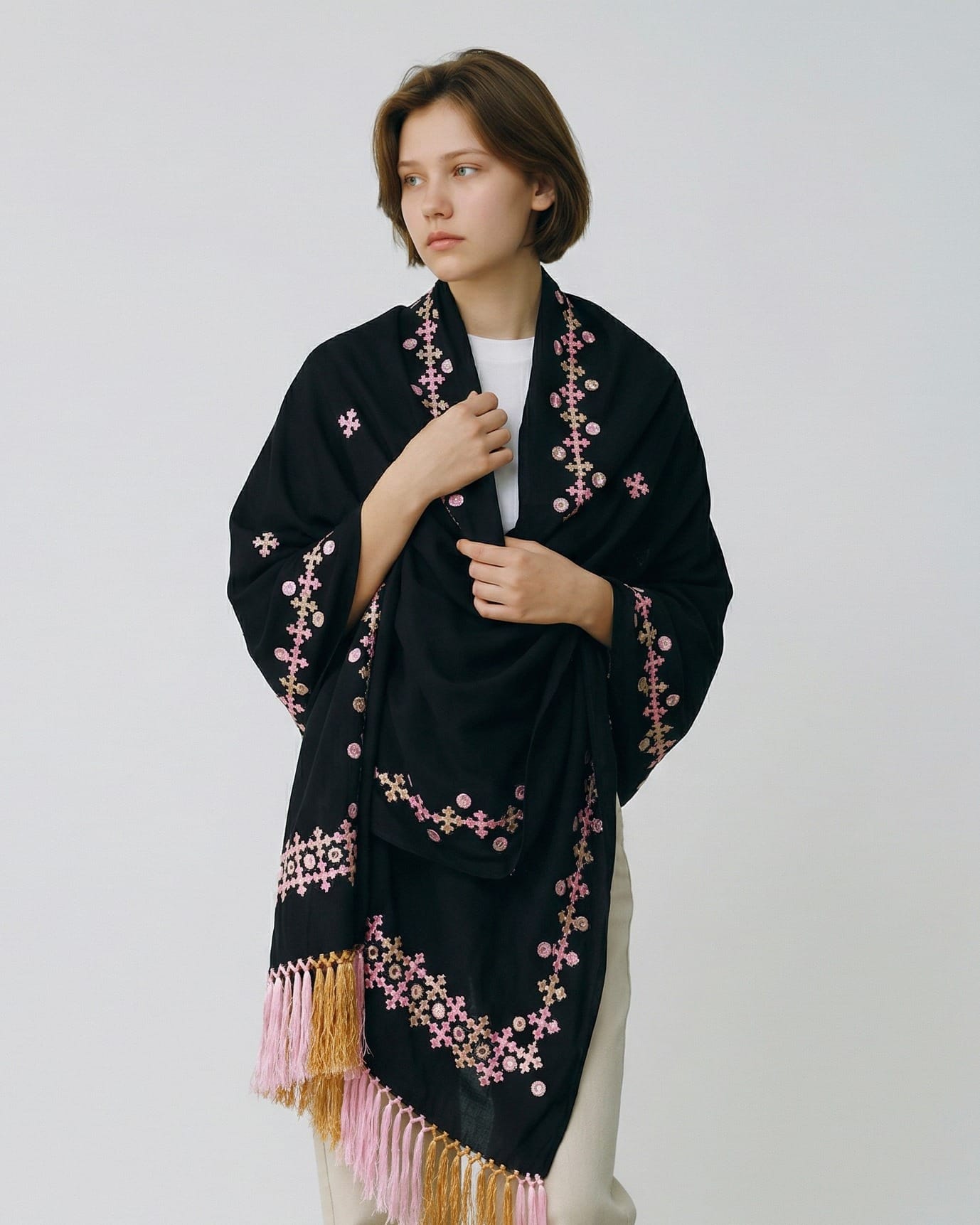 Large Black Shawl For Women Hand Embroidery