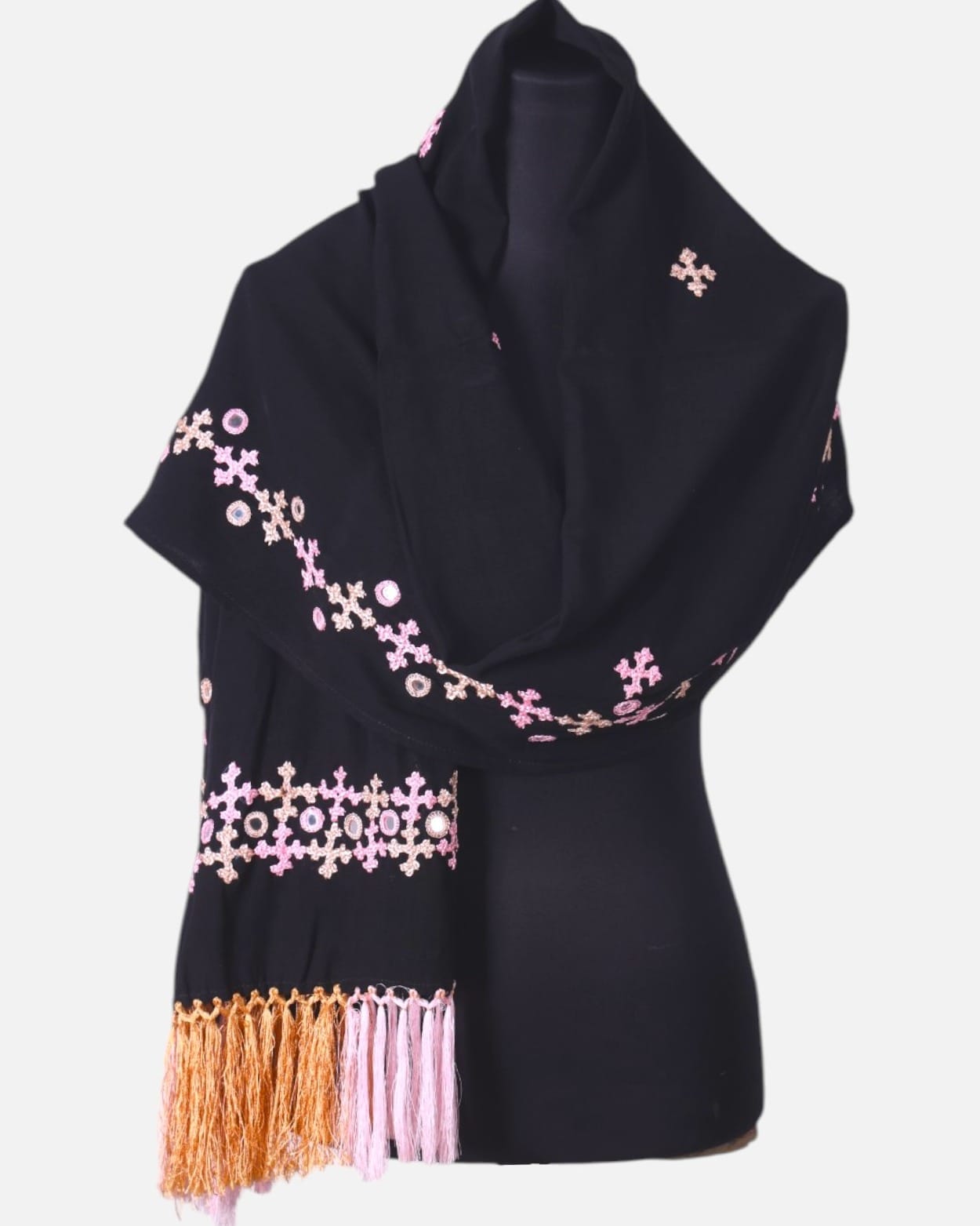 Large Black Shawl For Women Hand Embroidery