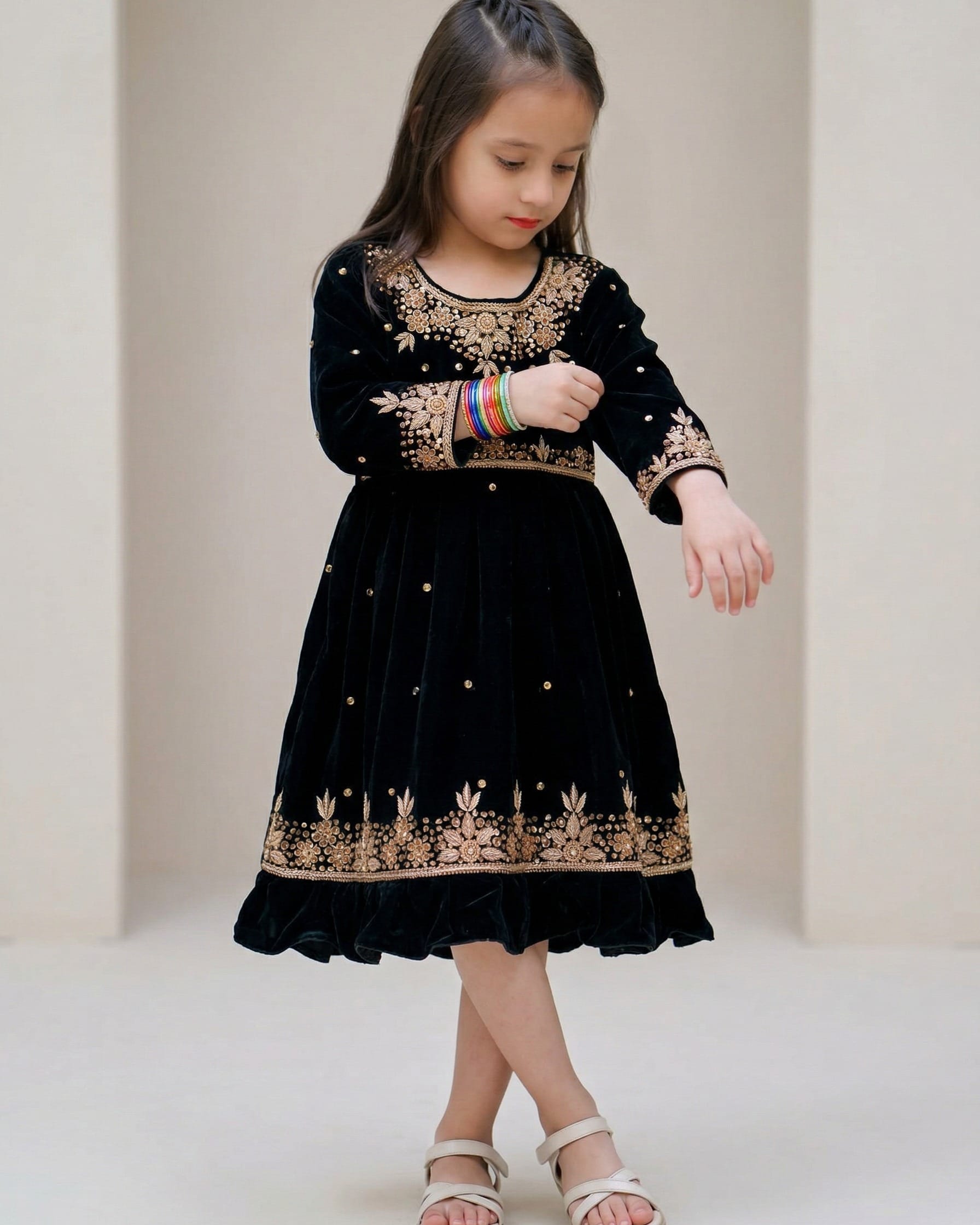 Black Afghan Dress For Kids Matching Green Scarf