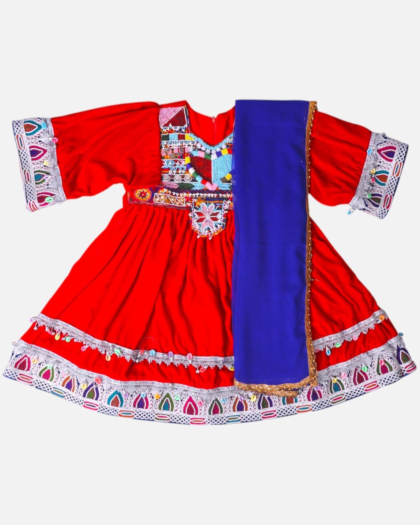 Red Dress Kuchi Embroidery For Girls Matching Blue Scarf